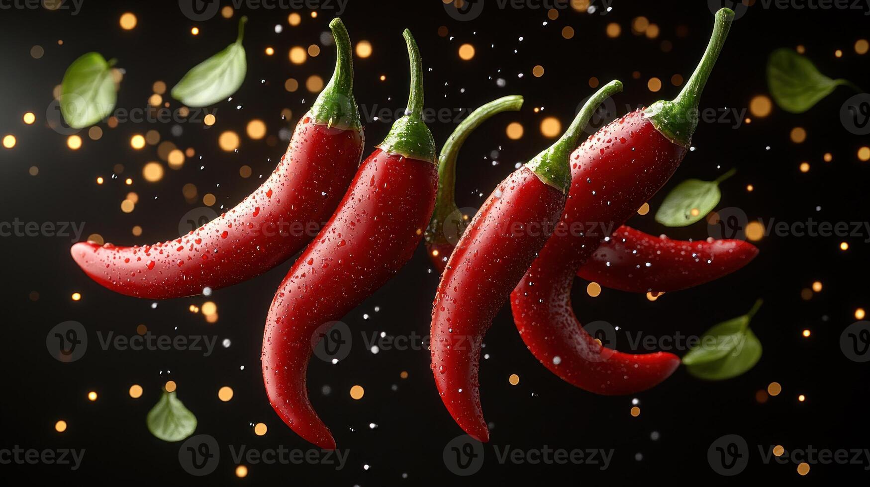 Spicy red chilies and green leaves dance in a captivating display of color and texture photo
