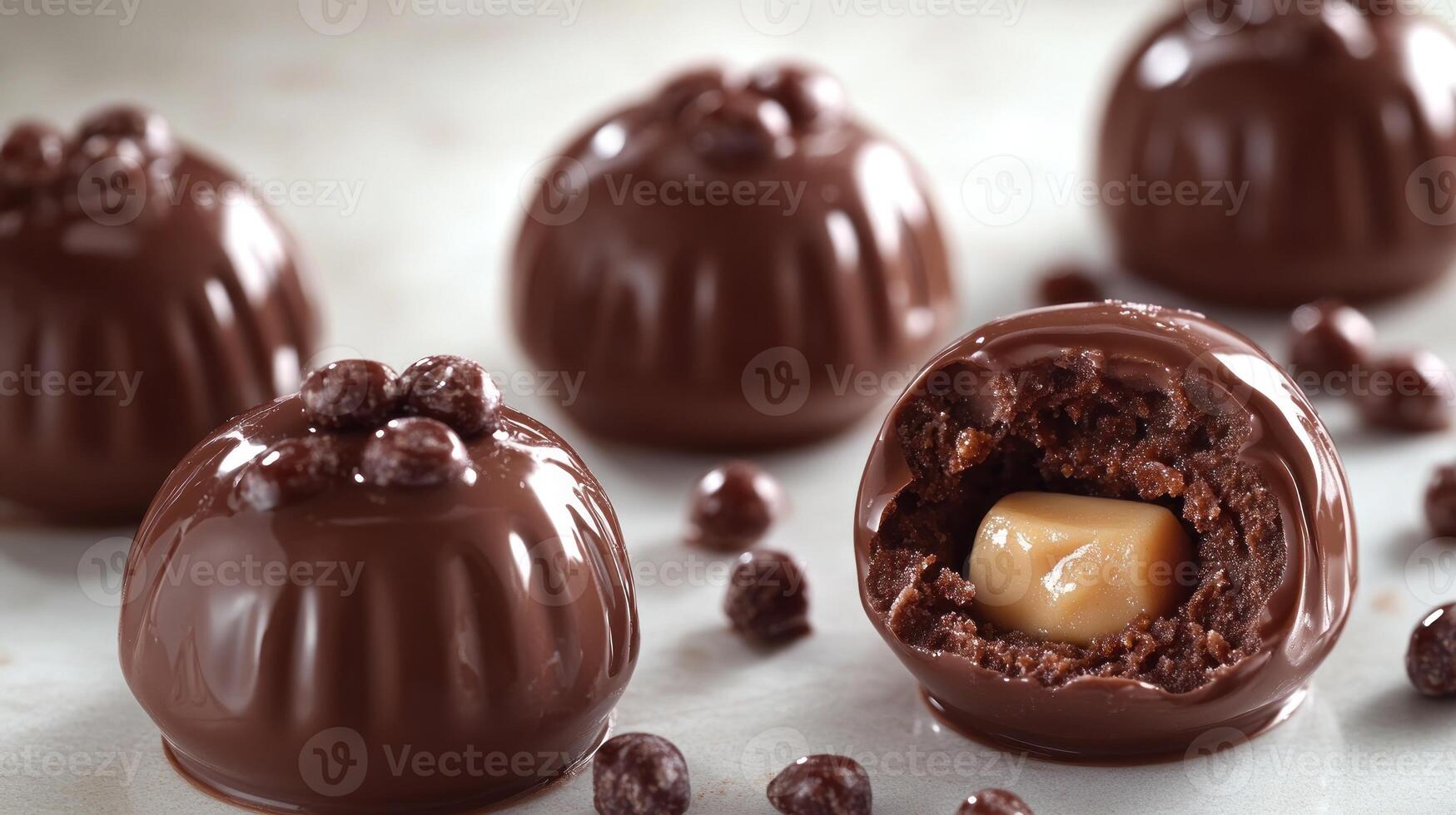 Tempting chocolate confections reveal a rich caramel center and crunchy embellishments photo