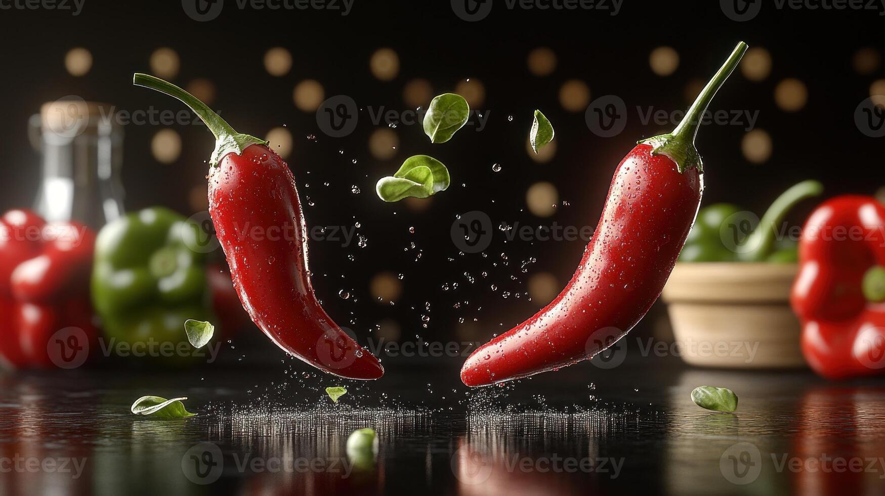 Dynamic red chilies soar above a dark surface, surrounded by droplets and greenery photo