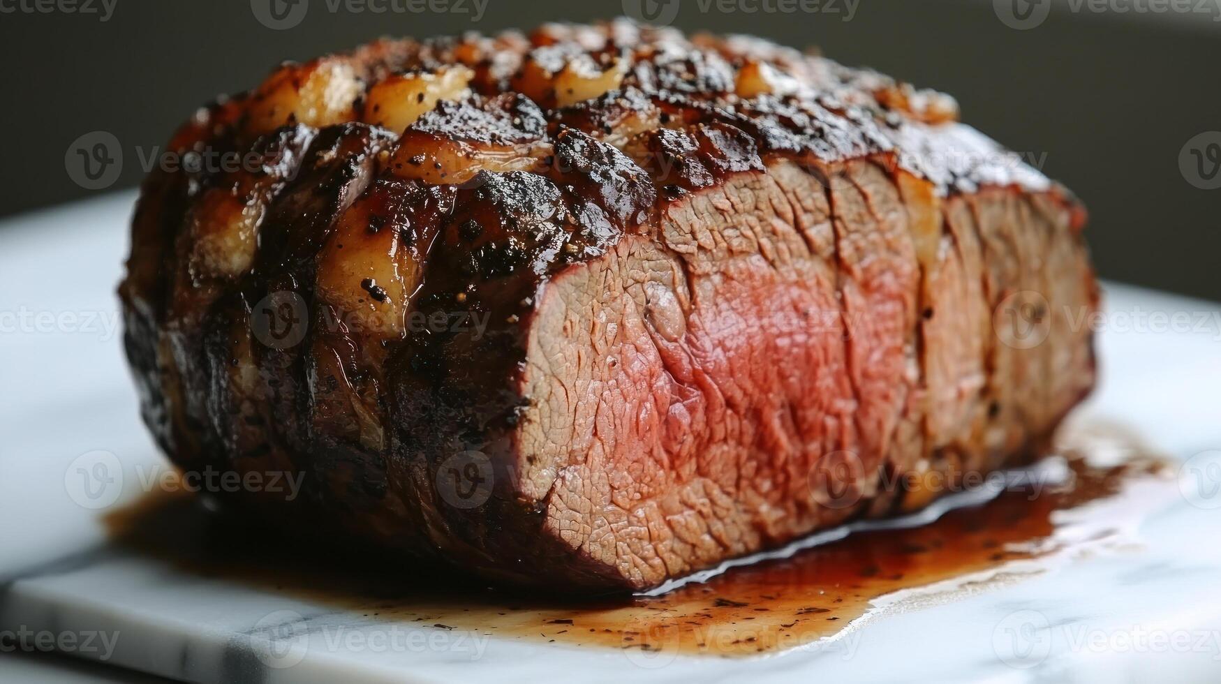 A beautifully cooked roast beef, garnished and ready to be served in rustic style photo