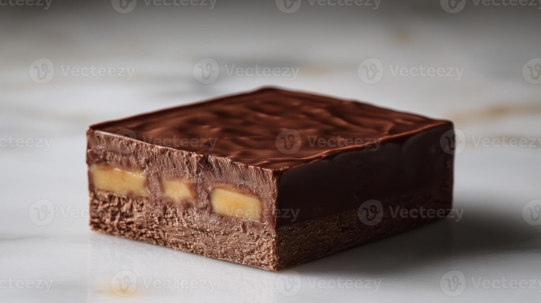 A rich chocolate square reveals a smooth caramel layer, enticing dessert enthusiasts photo