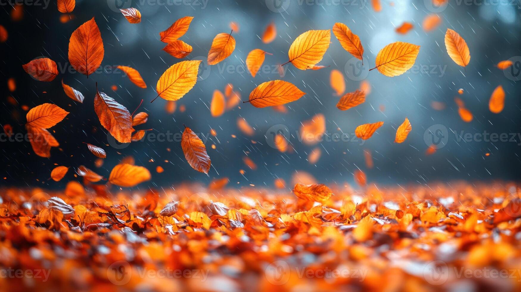 Golden leaves dance gently in the rain, creating a magical autumn atmosphere photo