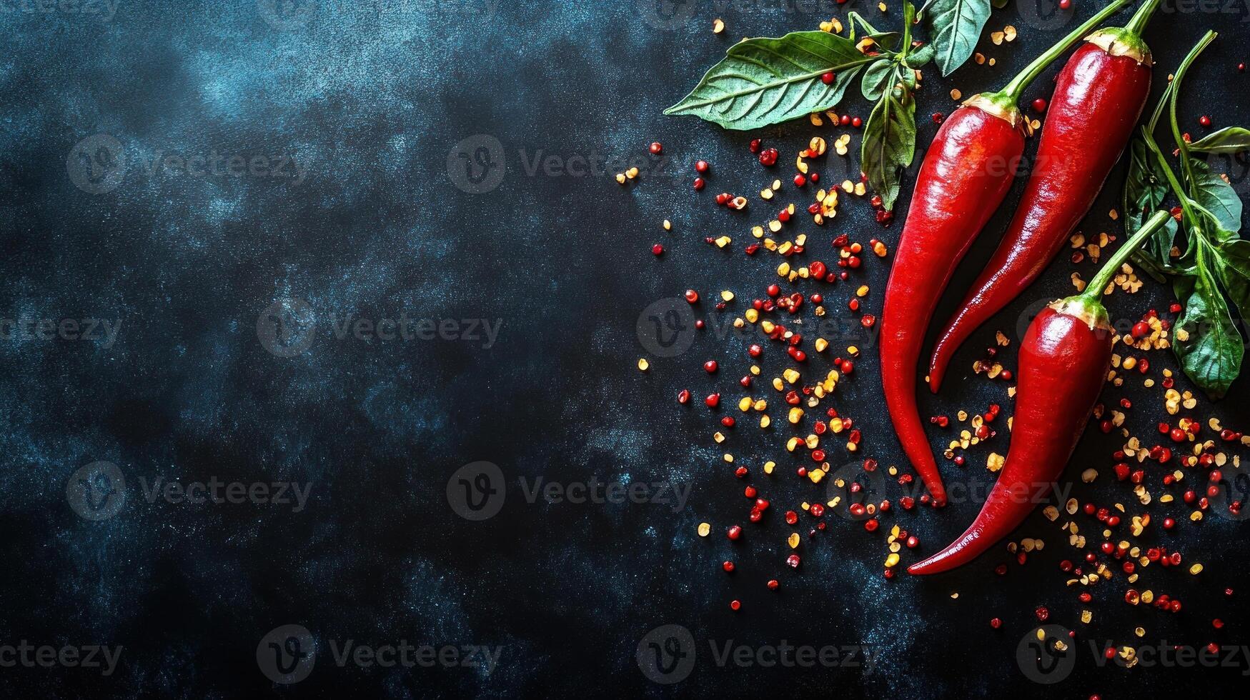 Red chili peppers accompanied by vibrant spices create an enticing culinary display photo