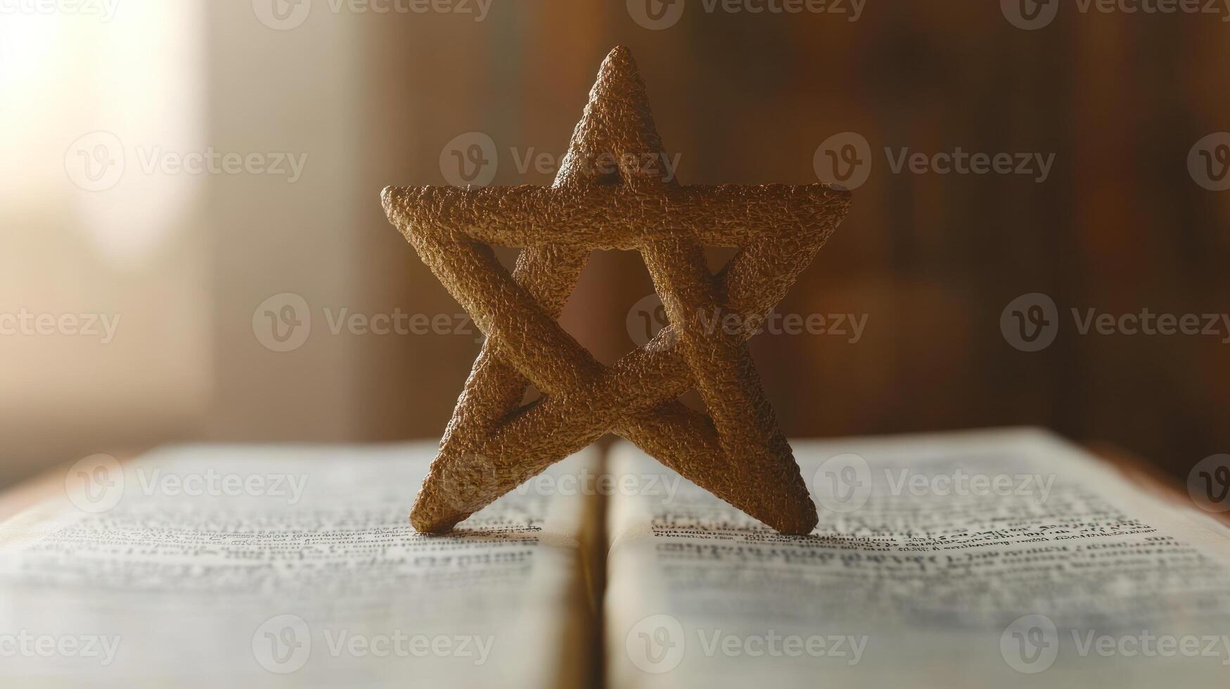 A star-shaped decor piece balances on an open book, illuminated by natural light photo