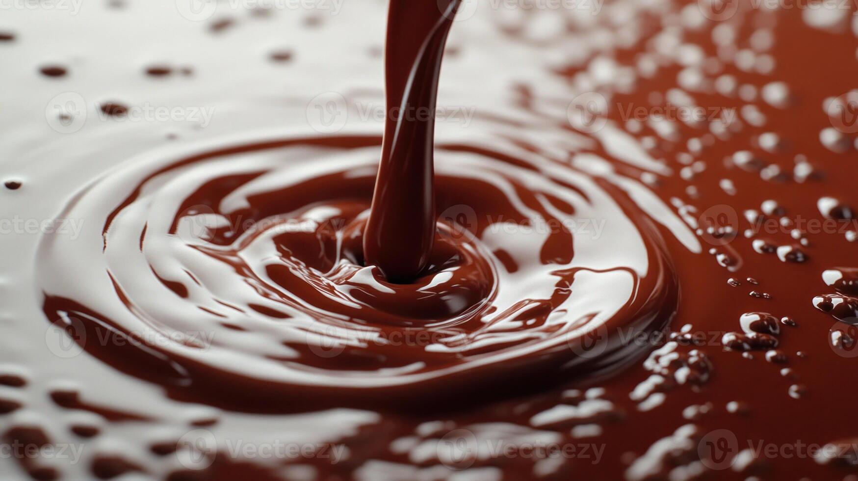 Velvety dark chocolate cascades, forming ripples and bubbles in a smooth, shiny surface photo