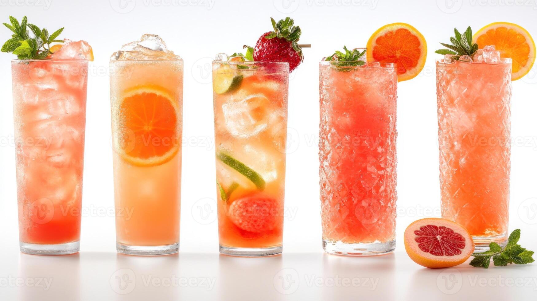 Colorful cocktails with fruits and herbs in tall glasses, inviting and refreshing photo