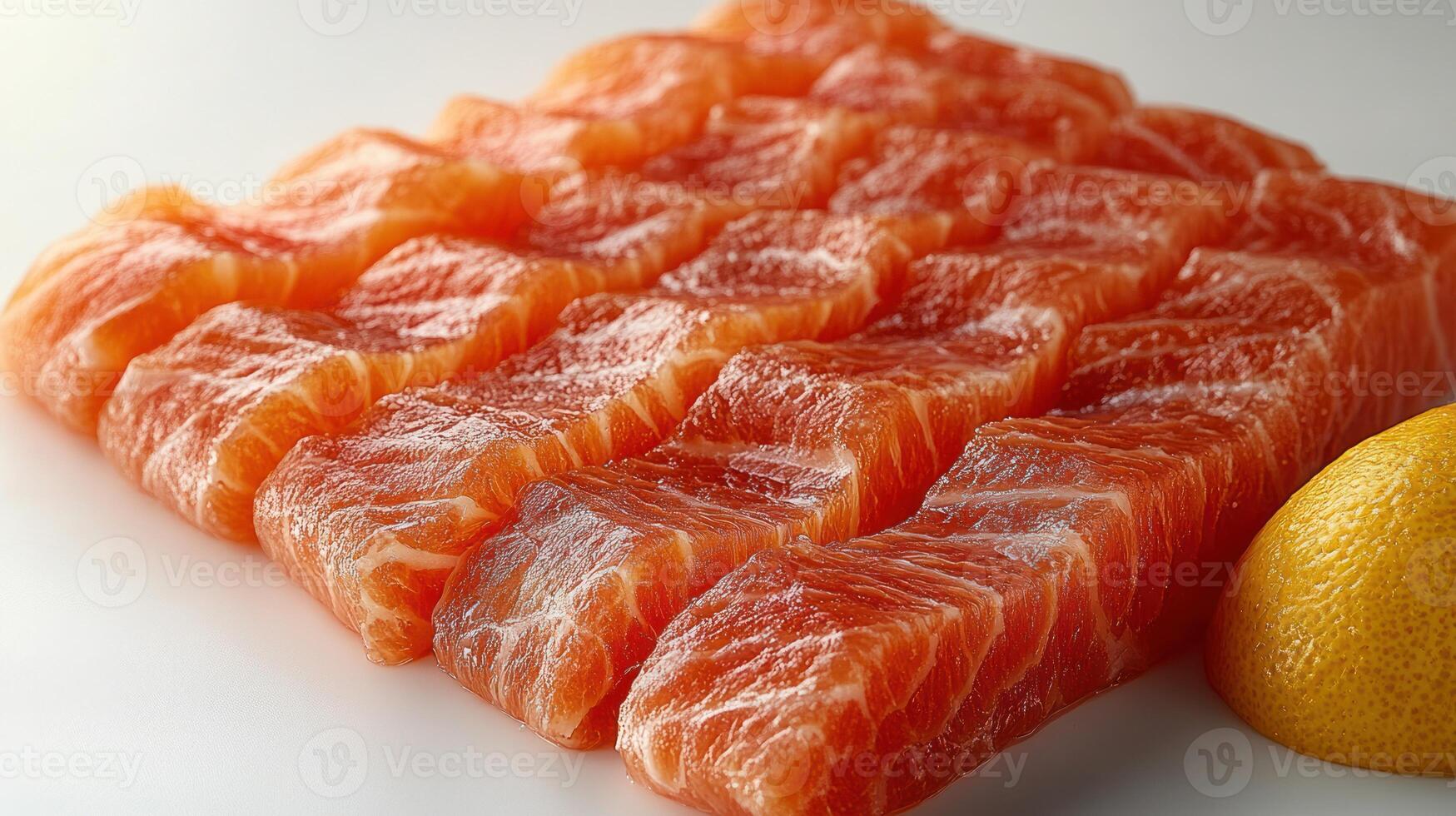 Salmon fillets are neatly arranged with a lemon slice enhancing the presentation photo
