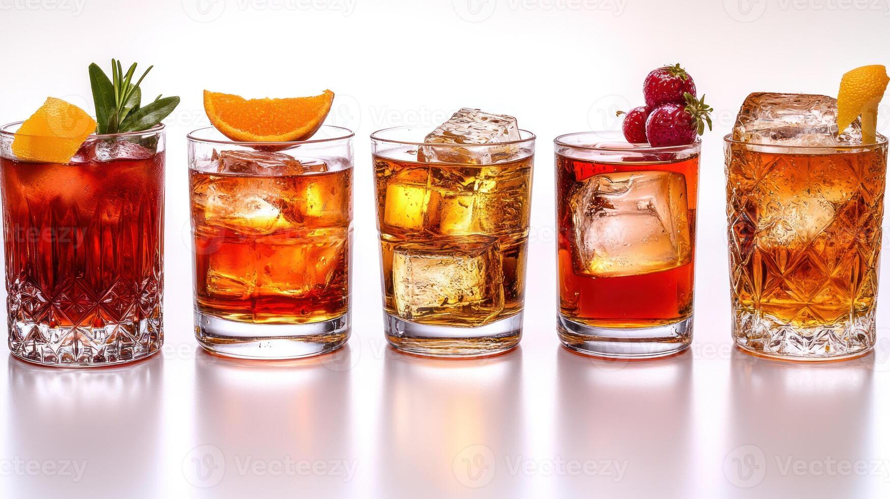 A vibrant display of cocktails with garnishes and ice cubes creates a festive mood photo