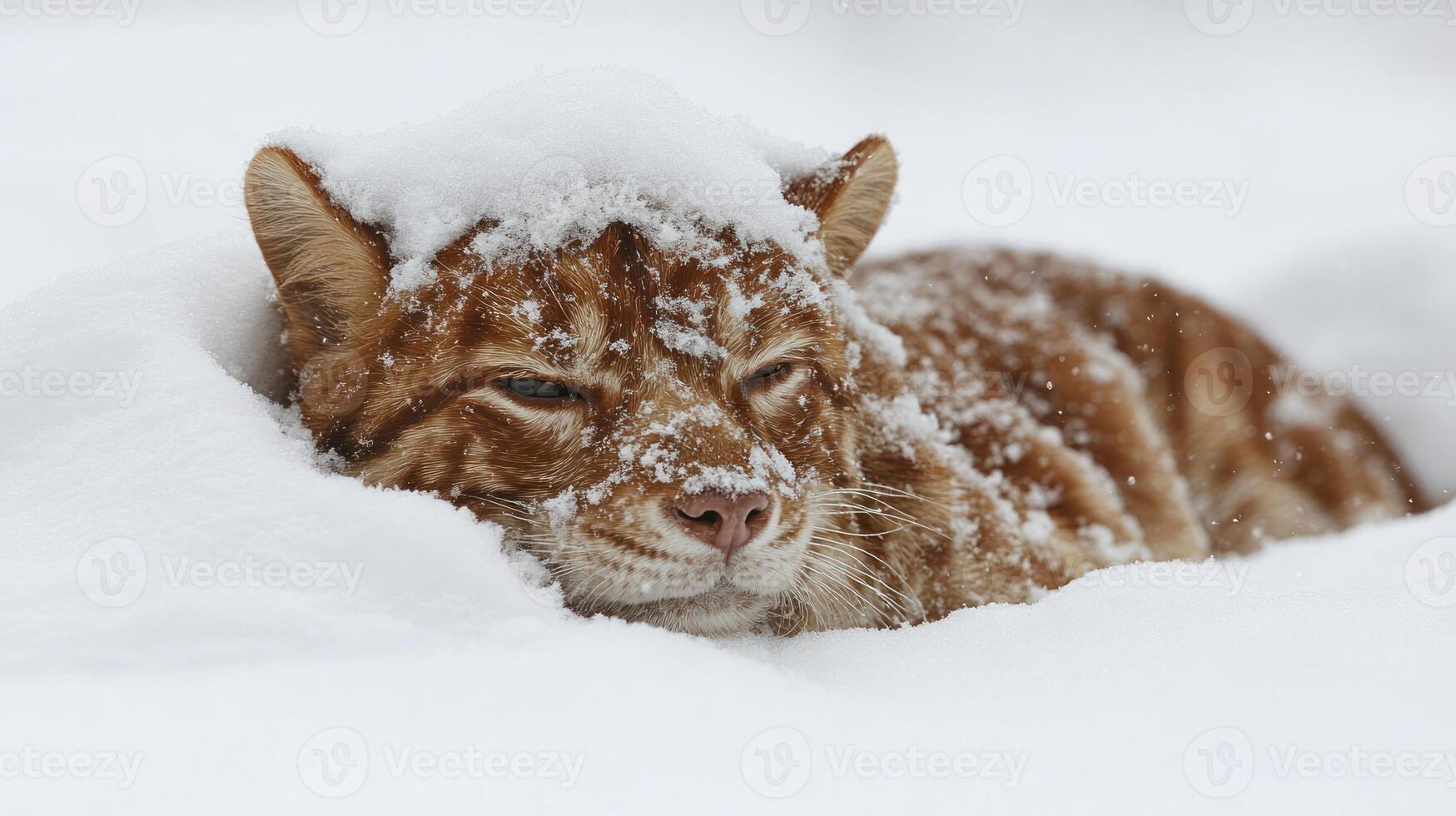 A feline lounges in deep snow, partially hidden and enjoying the winter tranquility photo