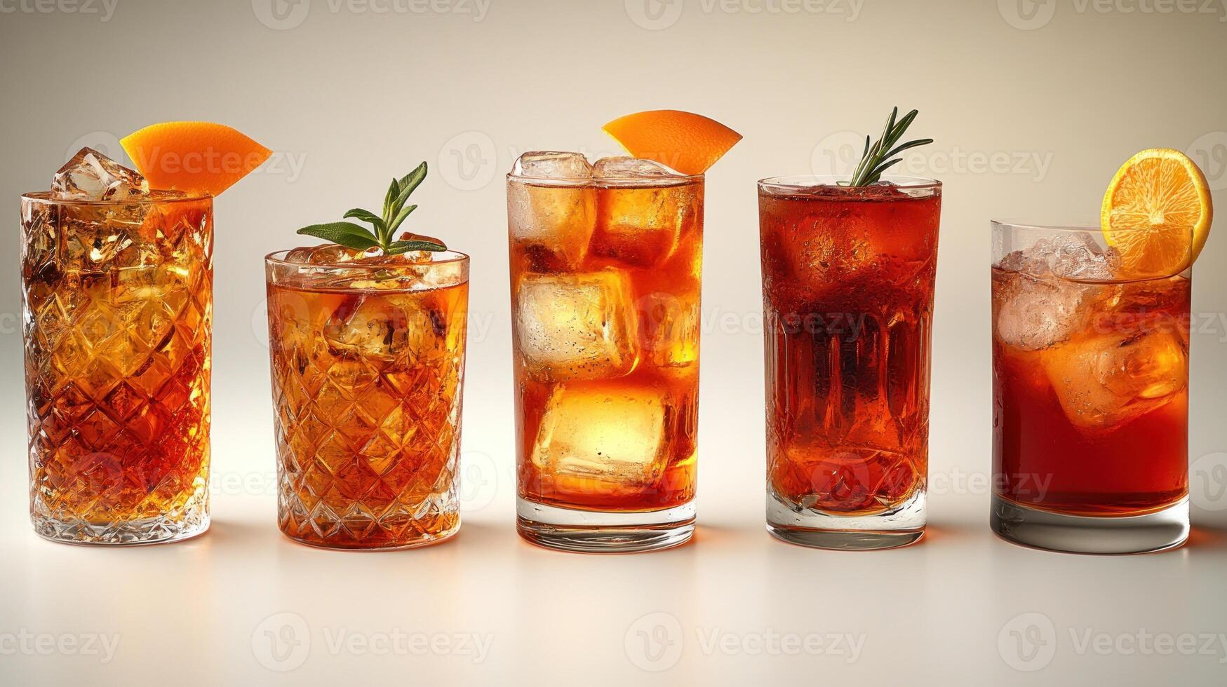 Five colorful cocktails with citrus garnishes showcase delightful summer refreshment photo