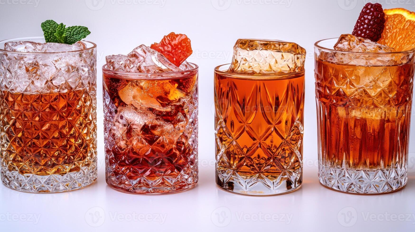 Brightly colored cocktails glisten with ice and garnishes, creating an inviting display photo