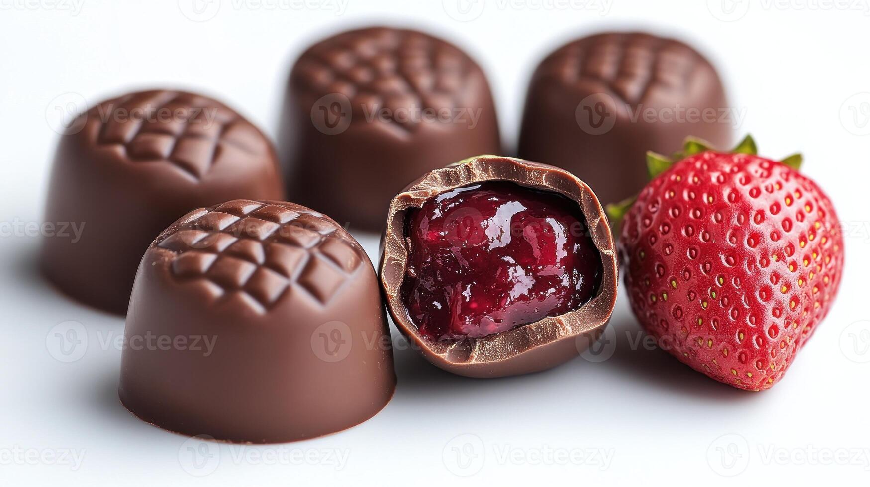 Indulgent chocolate treats reveal a luscious berry filling beside a ripe strawberry photo