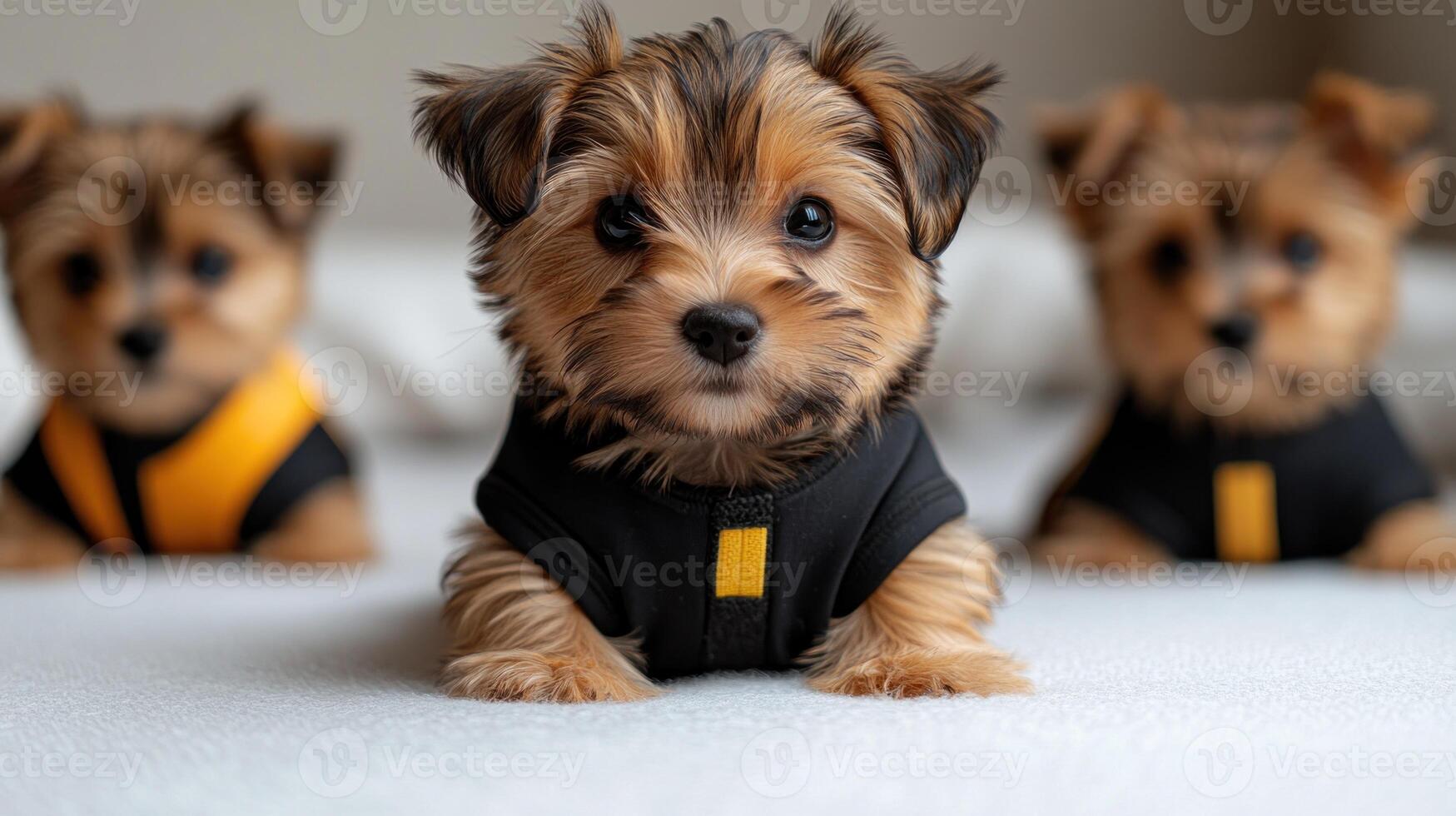 Adorable Yorkshire Terriers dressed in trendy outfits pose charmingly indoors photo