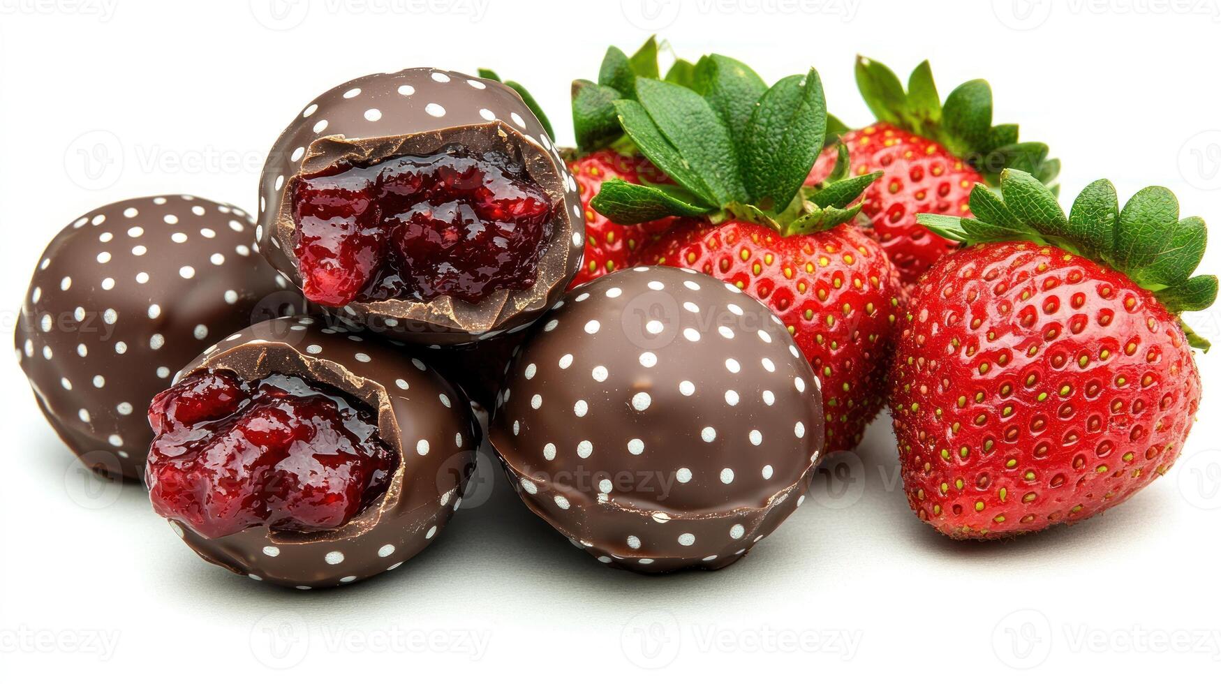 Succulent strawberries are paired with rich chocolate, revealing vibrant filling photo