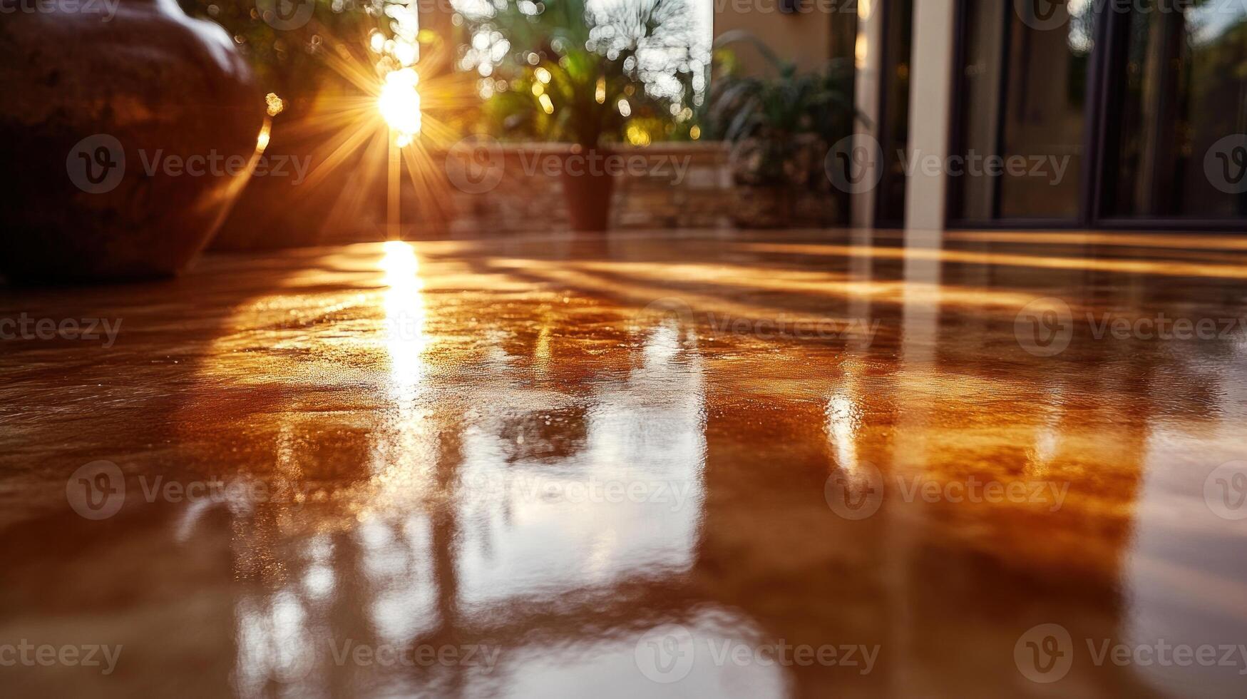 Warm sunlight casts reflections across a polished floor, enhancing the calm atmosphere photo