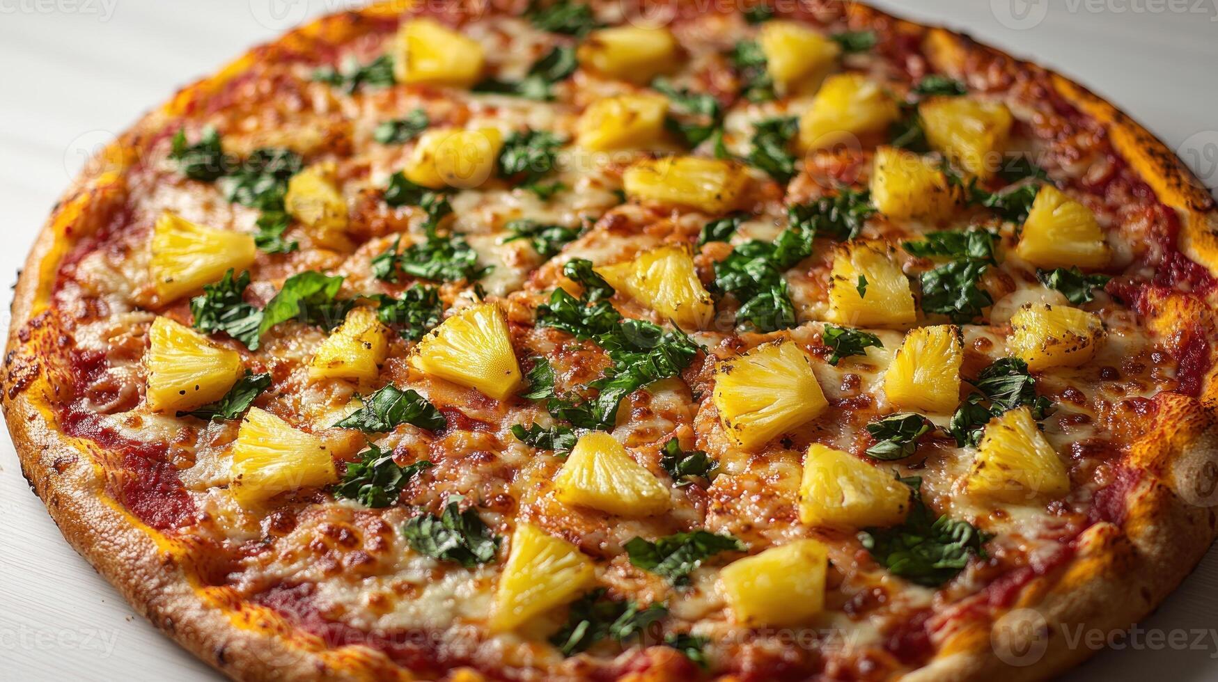 A mouthwatering pizza with pineapple chunks and vibrant basil leaves is ready to eat photo