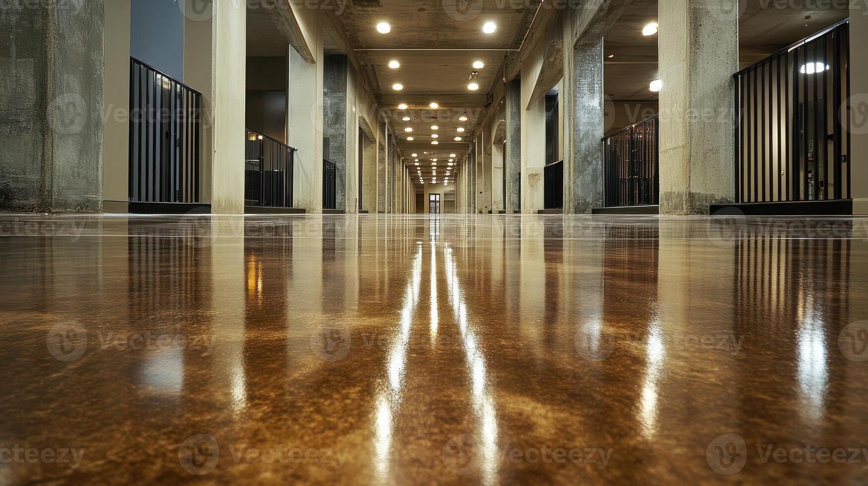 Polished concrete flooring reflects warm lights in a modern urban corridor photo