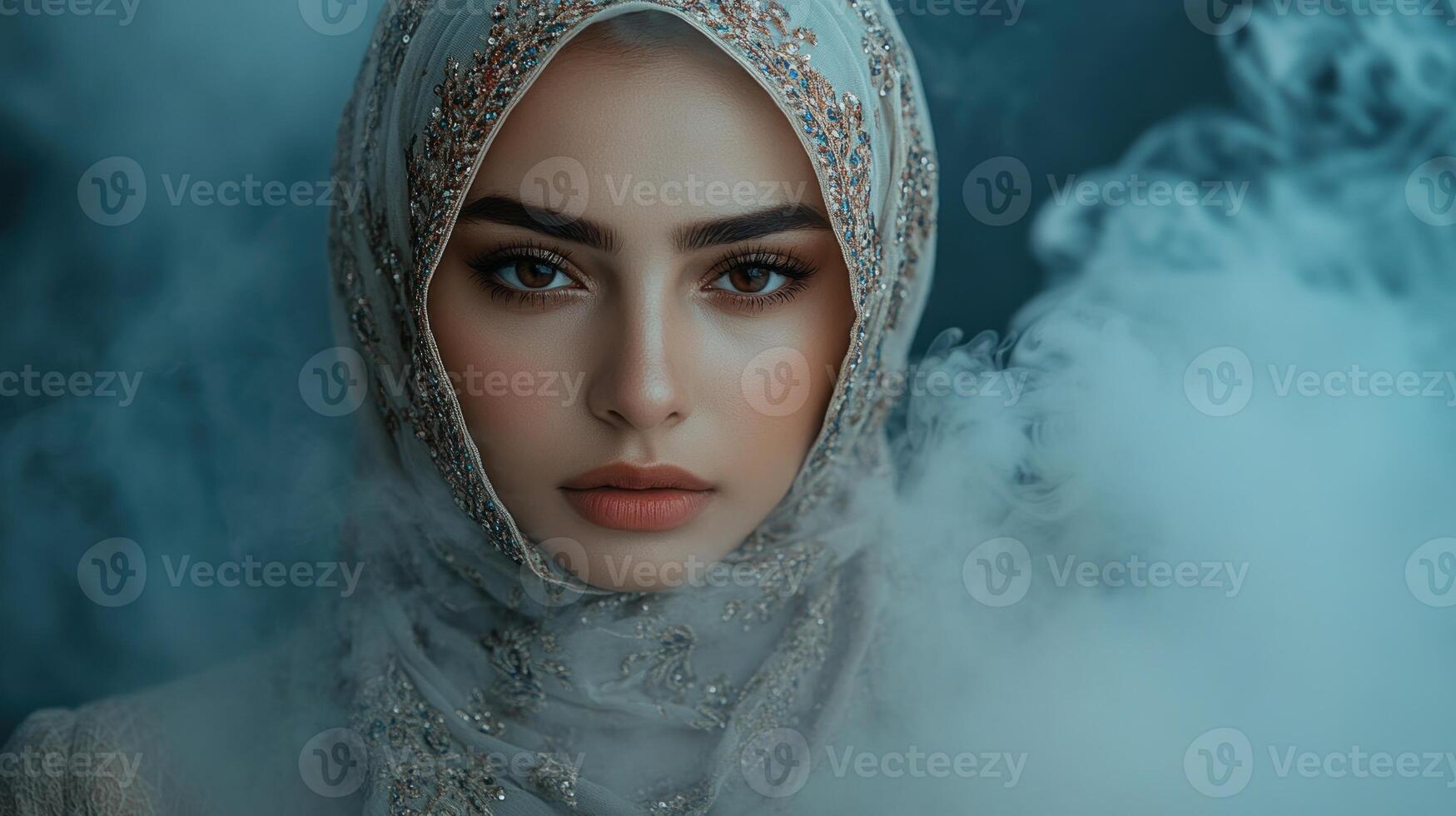 A young woman exudes grace and mystery amidst swirling clouds of mist photo