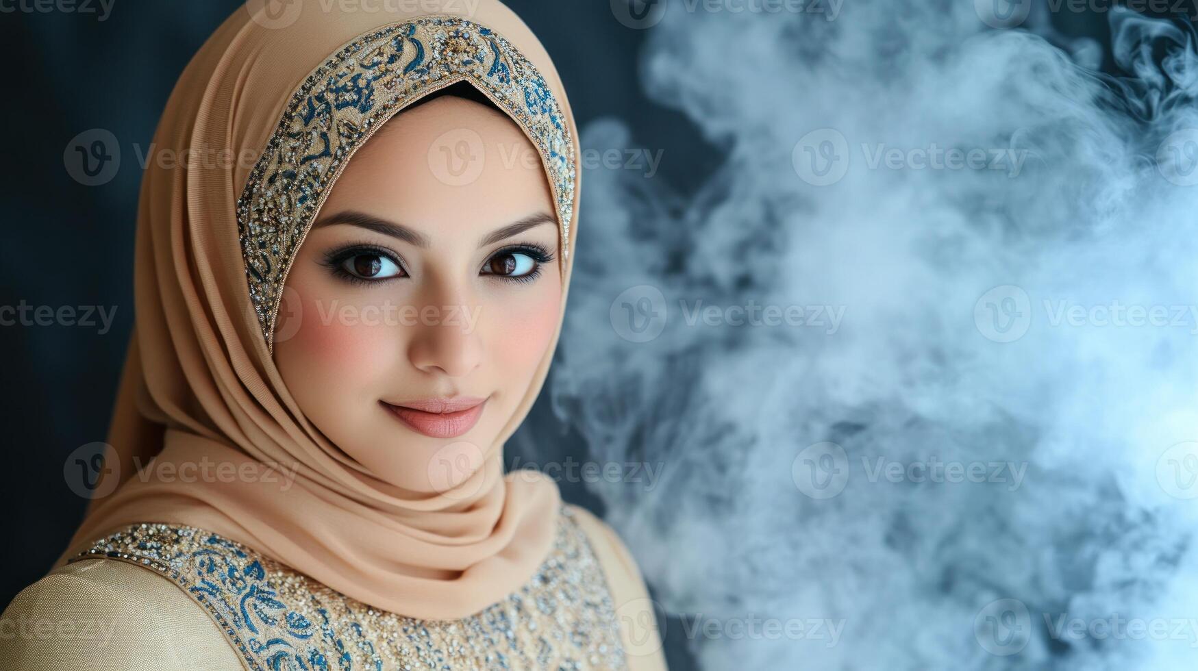 A woman in a stunning hijab radiates elegance amid ethereal smoke photo