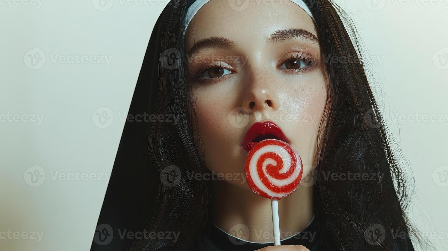 A woman dressed in a nun's attire playfully bites a colorful lollipop photo