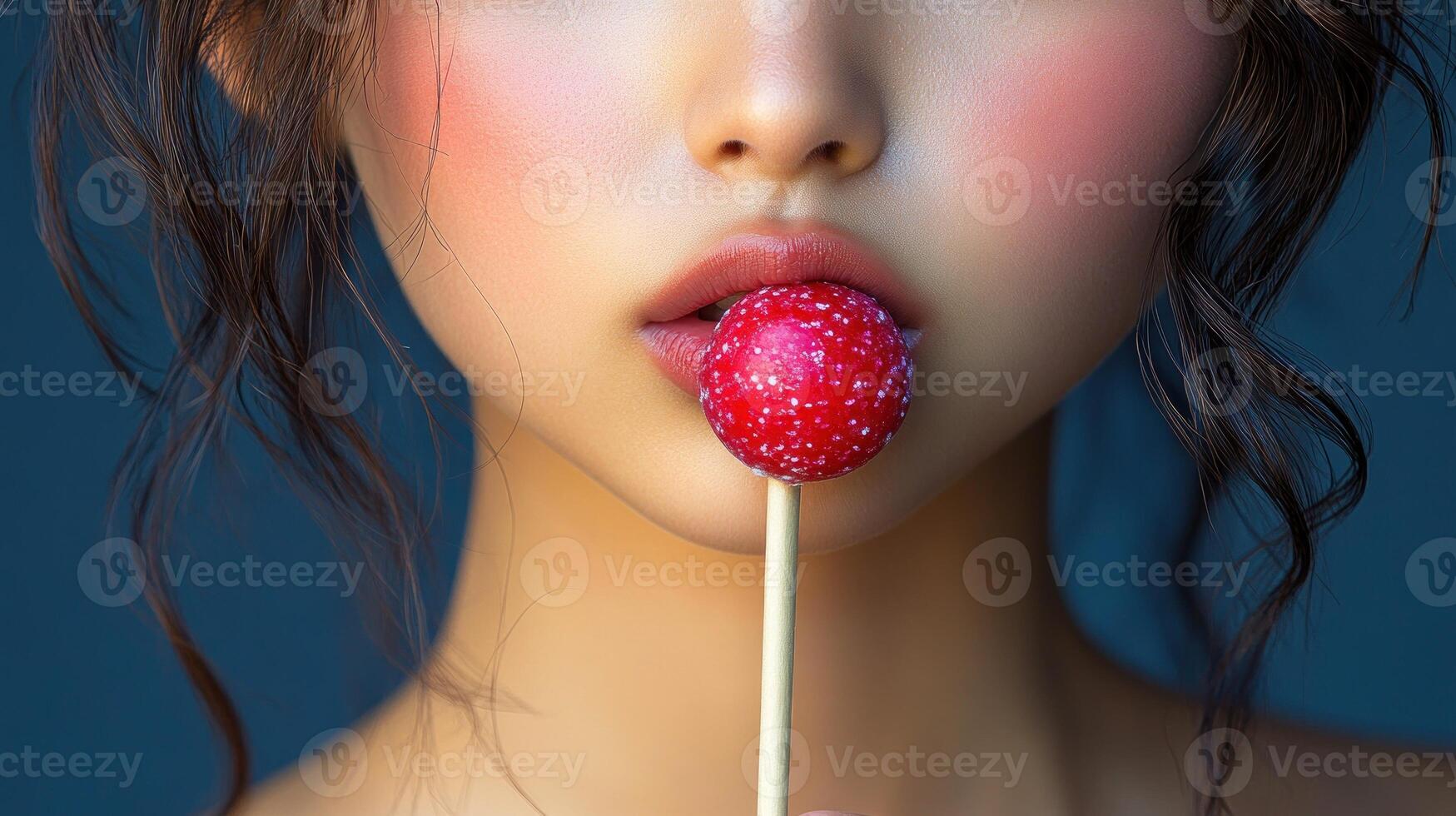A young woman playfully poses with a red lollipop, showcasing her youthful charm photo