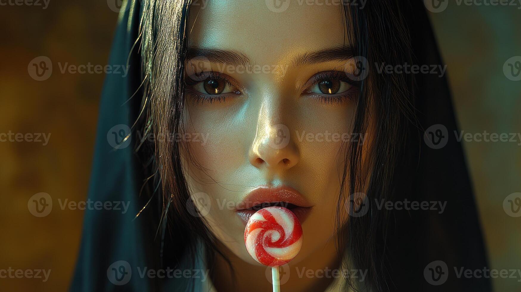 A captivating woman in dark attire enjoys a colorful lollipop, exuding intrigue photo