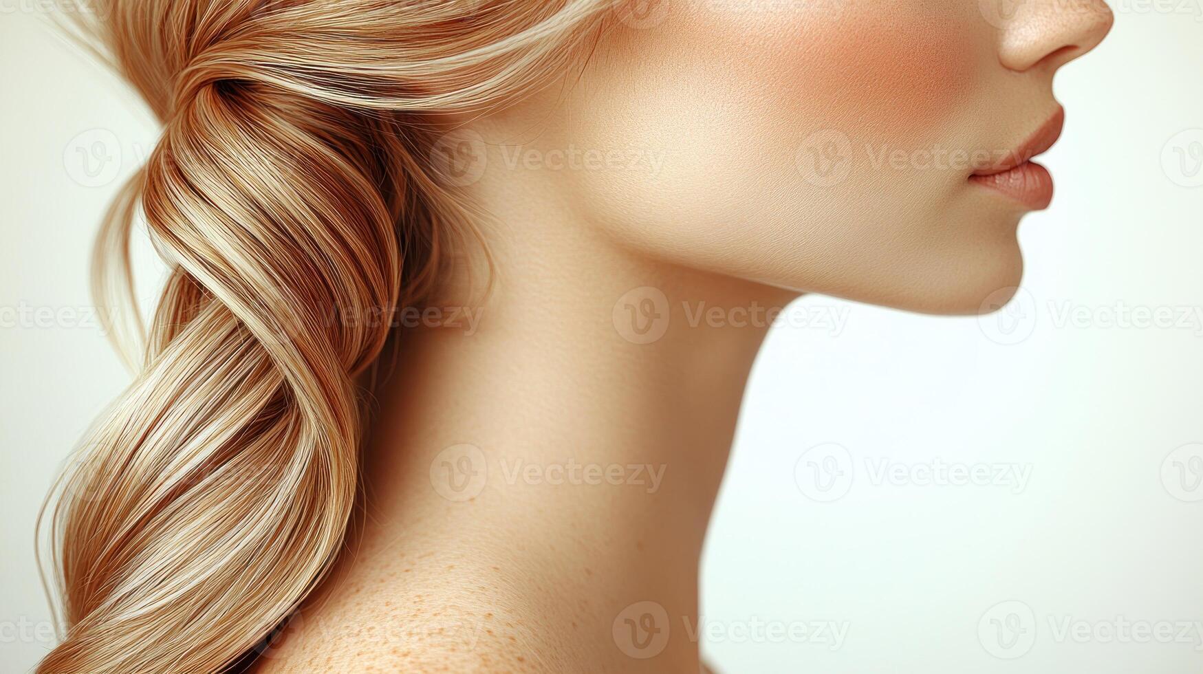 A graceful side view of a woman with long, wavy hair and delicate features photo