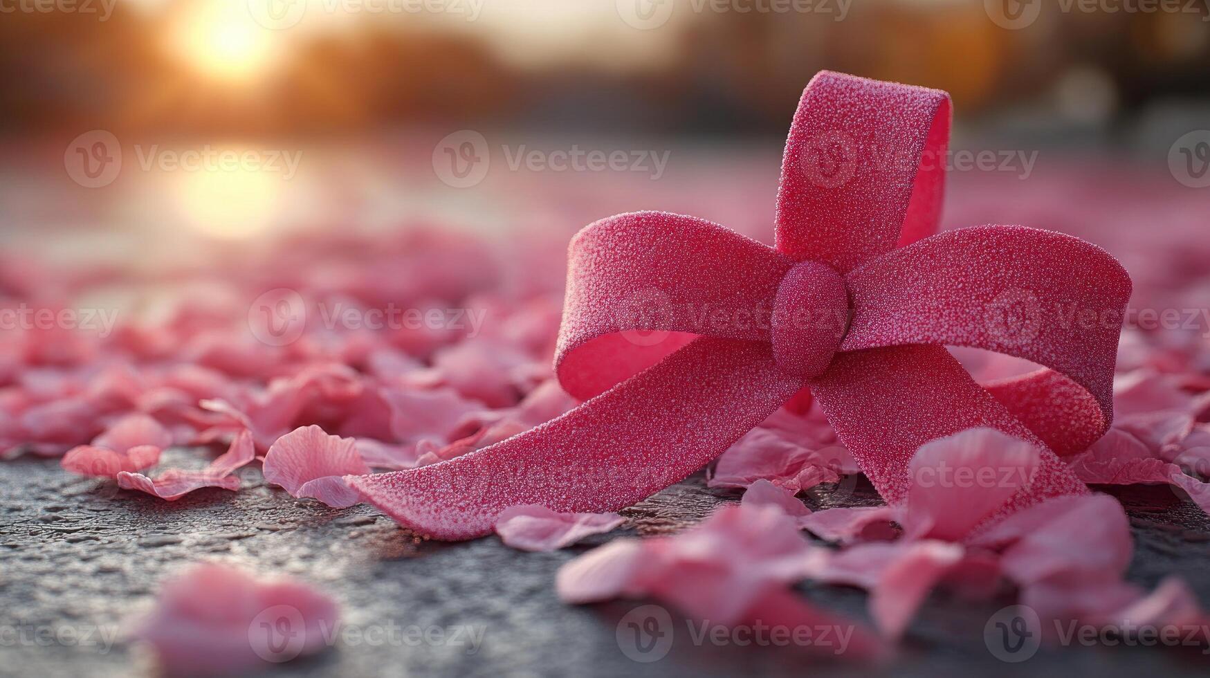 A soft pink ribbon lies gracefully atop a bed of cherry blossom petals as the sun sets photo