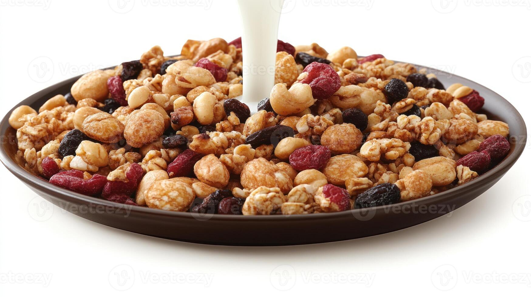 A delightful blend of nuts, granola, and dried fruits drenched with creamy milk photo
