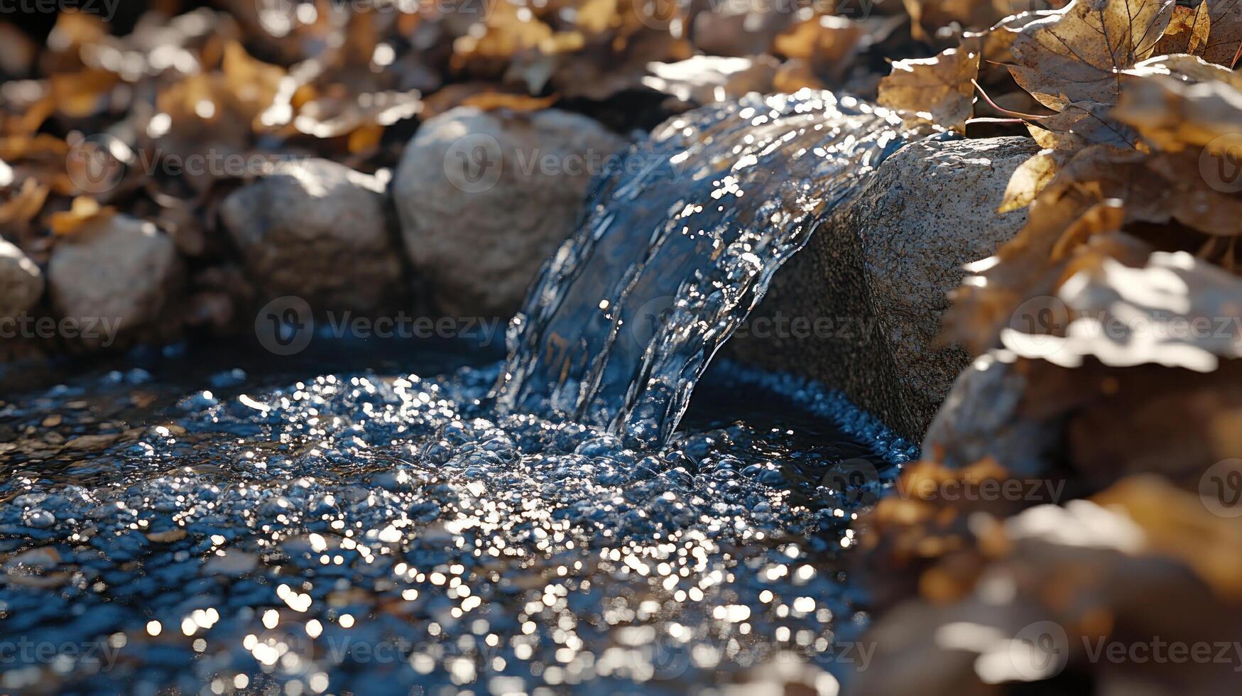 A tranquil stream flows delicately over stones surrounded by vibrant autumn foliage photo