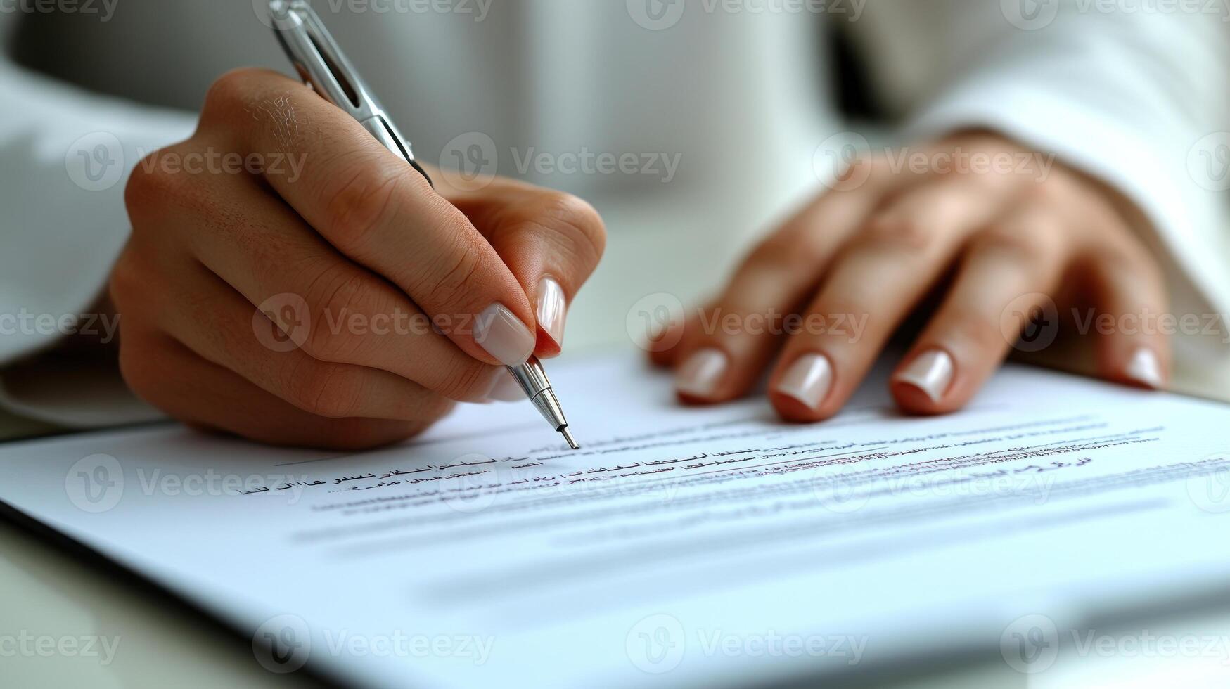 A hand skillfully writes on a document, capturing a moment of focus and intention photo