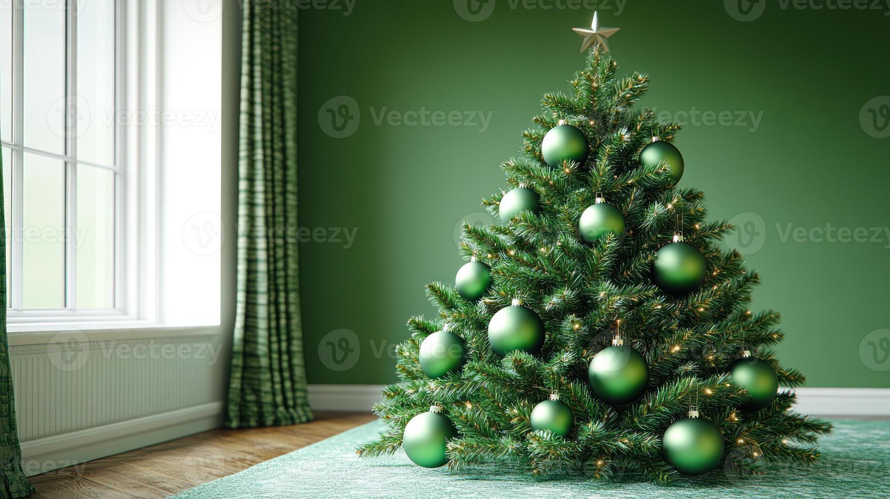 A lush Christmas tree adorned with green ornaments brightens a cheerful room photo