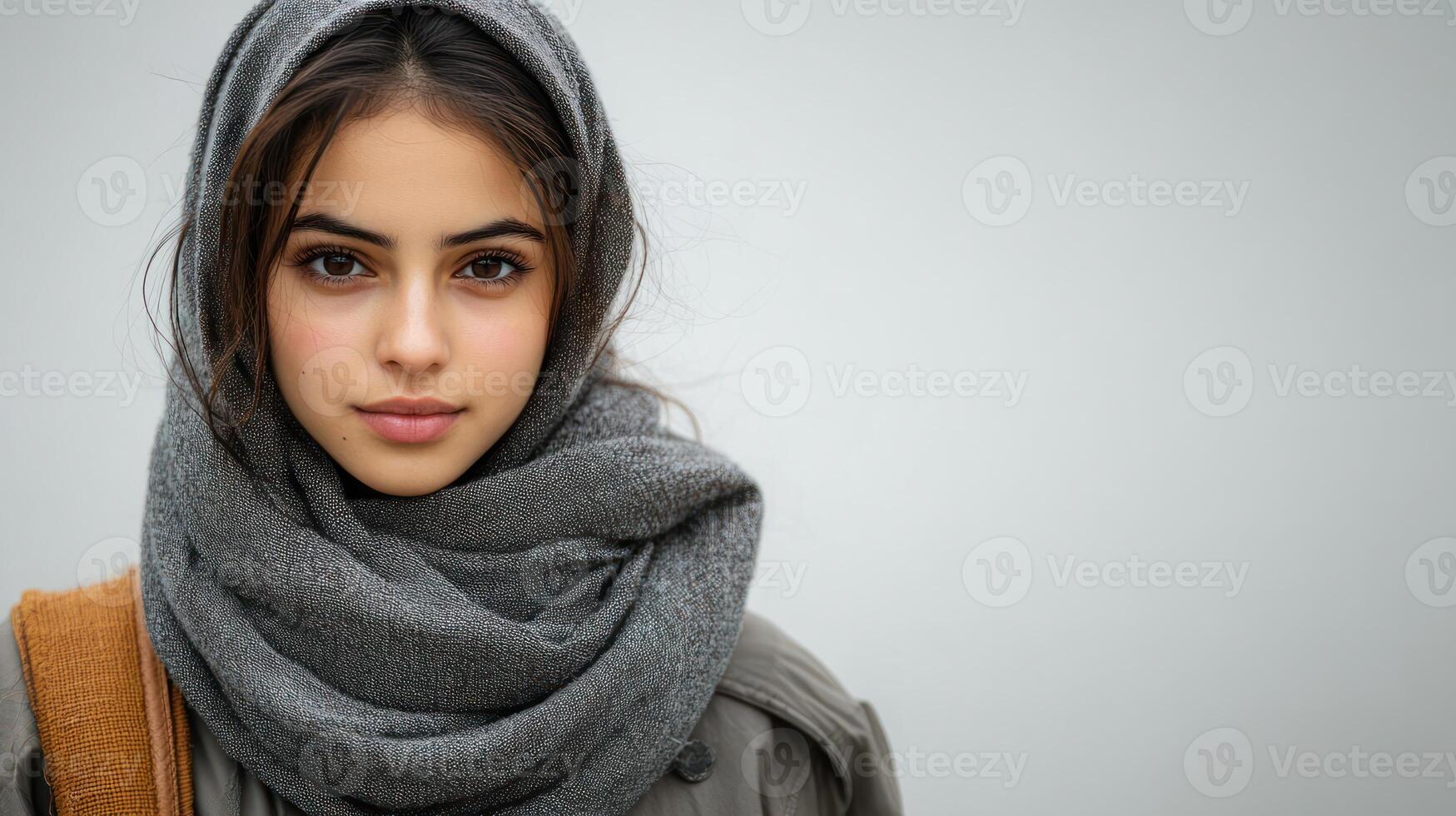 A young woman exudes confidence while wrapped in a cozy gray scarf photo