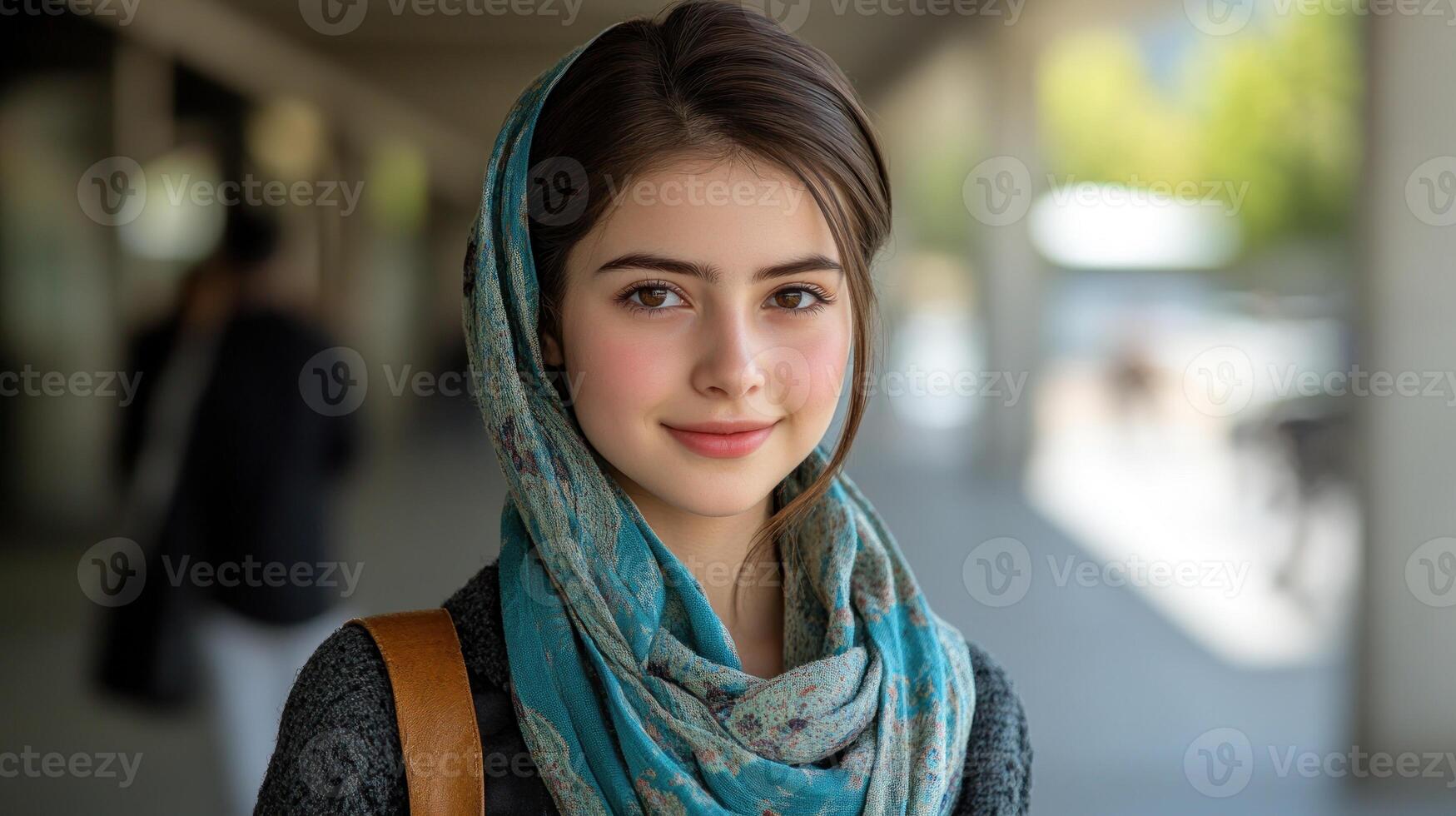 A cheerful young woman stands confidently outdoors, wrapped in a stylish scarf photo