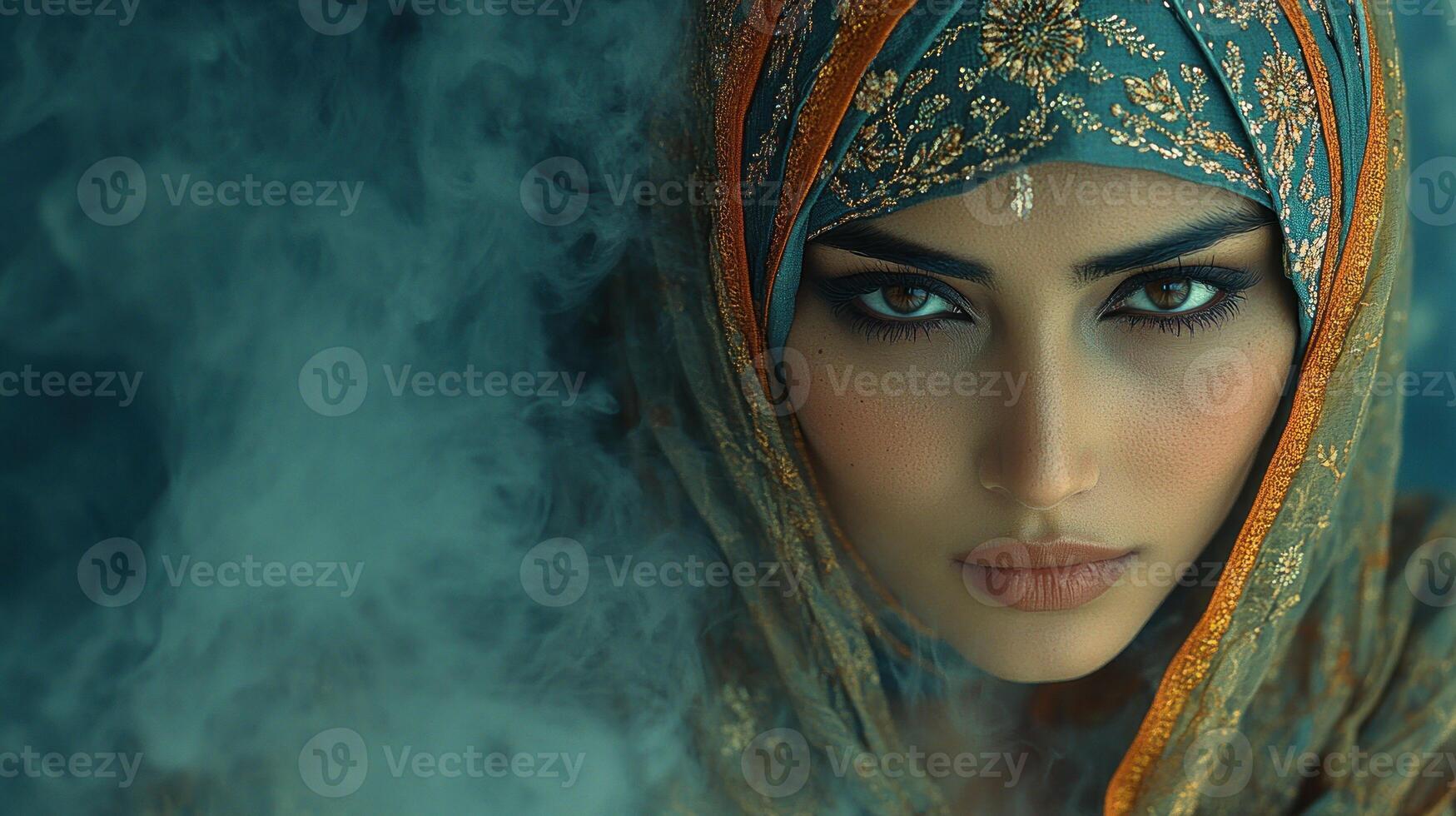 A striking woman gazes intensely while enveloped in dreamy, swirling mist photo