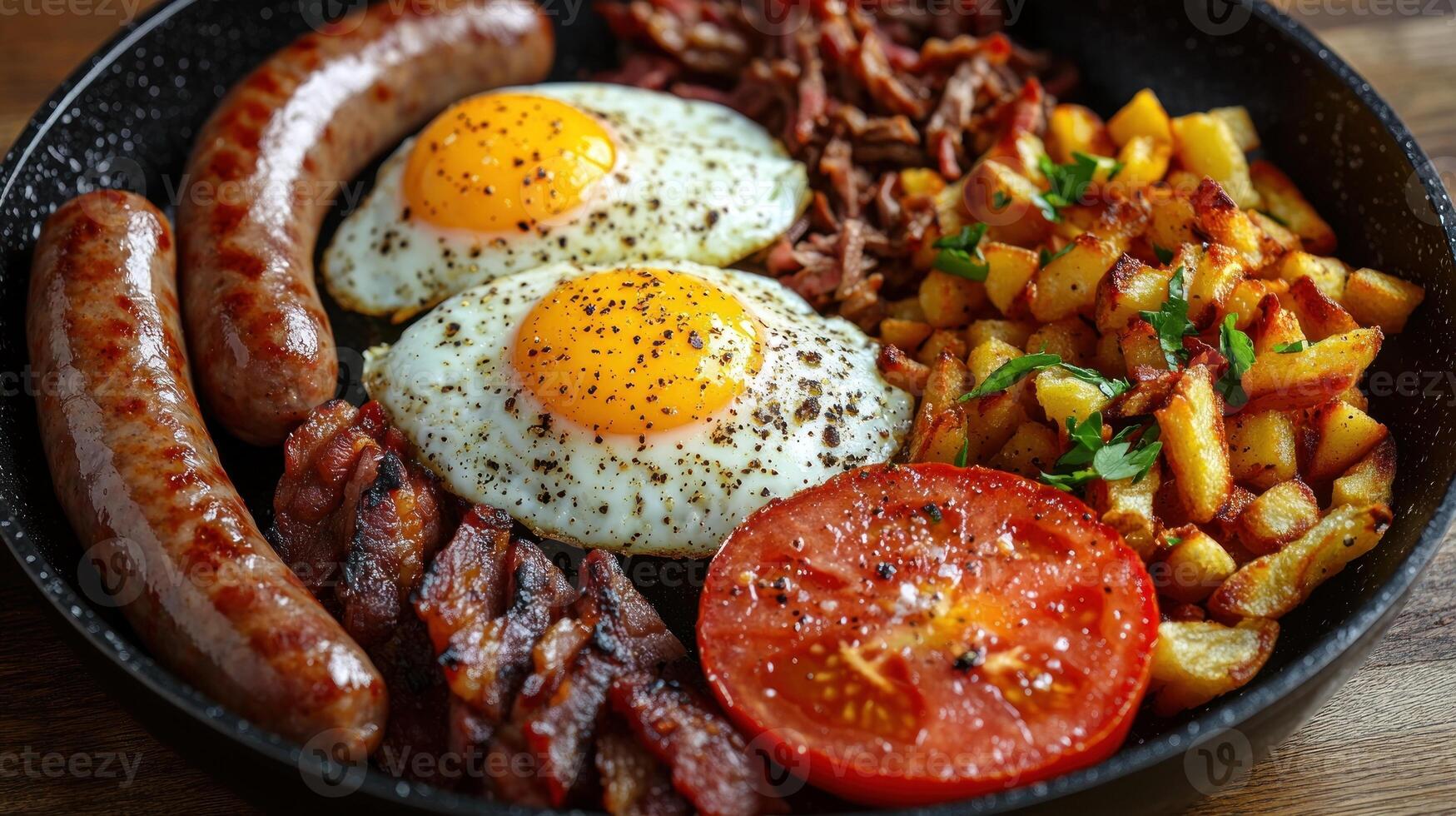A delicious breakfast platter with sunny-side-up eggs, sausages, and crispy bacon photo