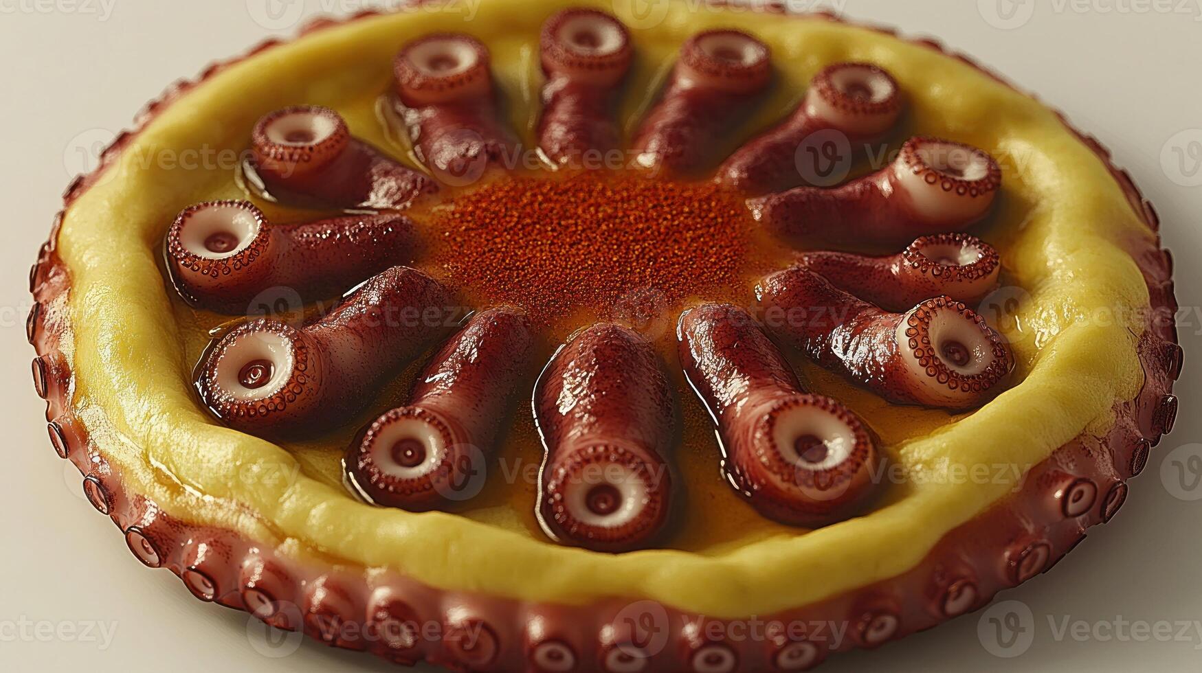 Tender octopus tentacles elegantly arranged on a bright yellow base create a feast photo