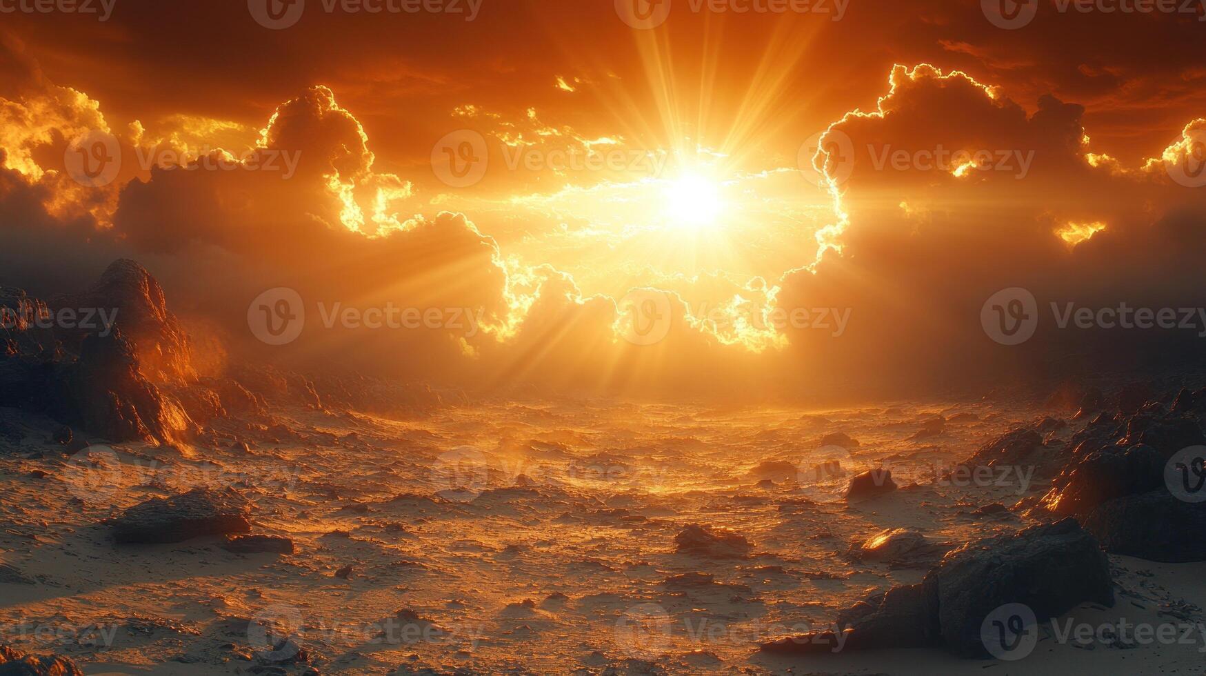 Golden sunlight breaks through clouds, casting a warm glow over the rocky landscape photo