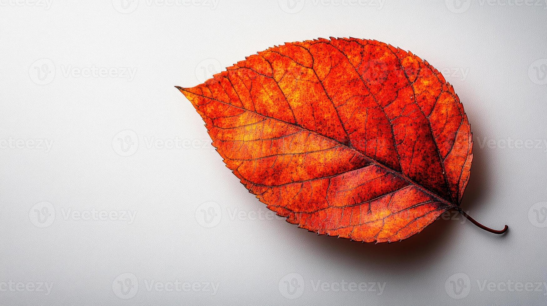 A beautifully detailed orange leaf showcases the colors of autumn on a light backdrop photo