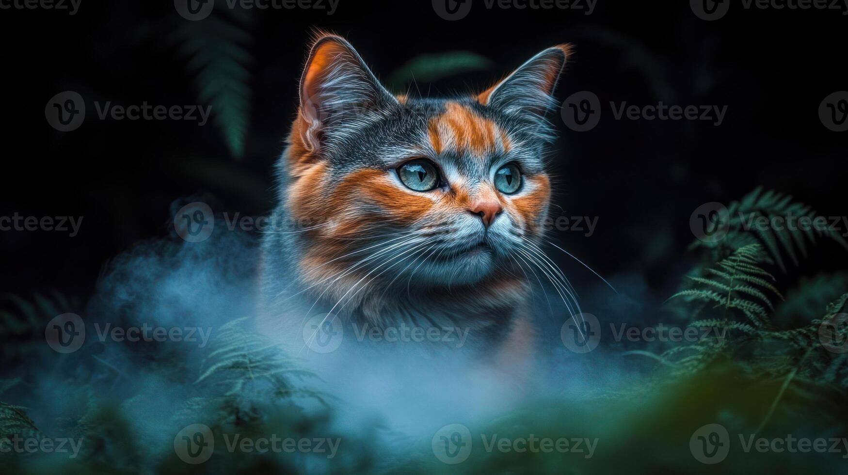 A calico cat rests in ferns, mist curling around its fur in the evening light photo