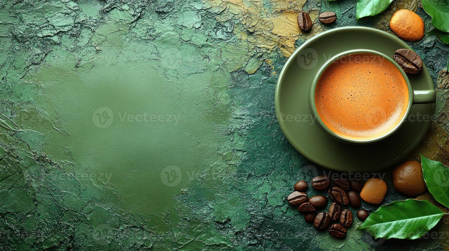 A warm cup of coffee accompanied by roasted beans and vibrant leaves on a rustic backdrop photo