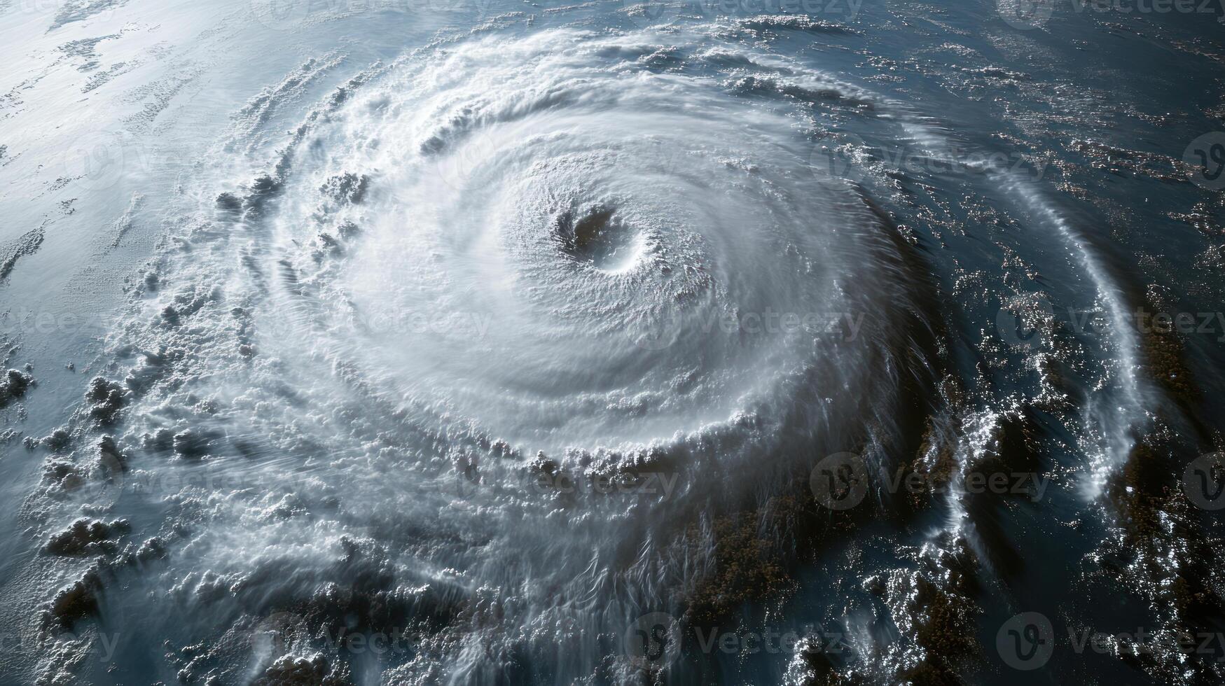 An intense cyclone forms over the sea, displaying swirling clouds and turbulent waters photo