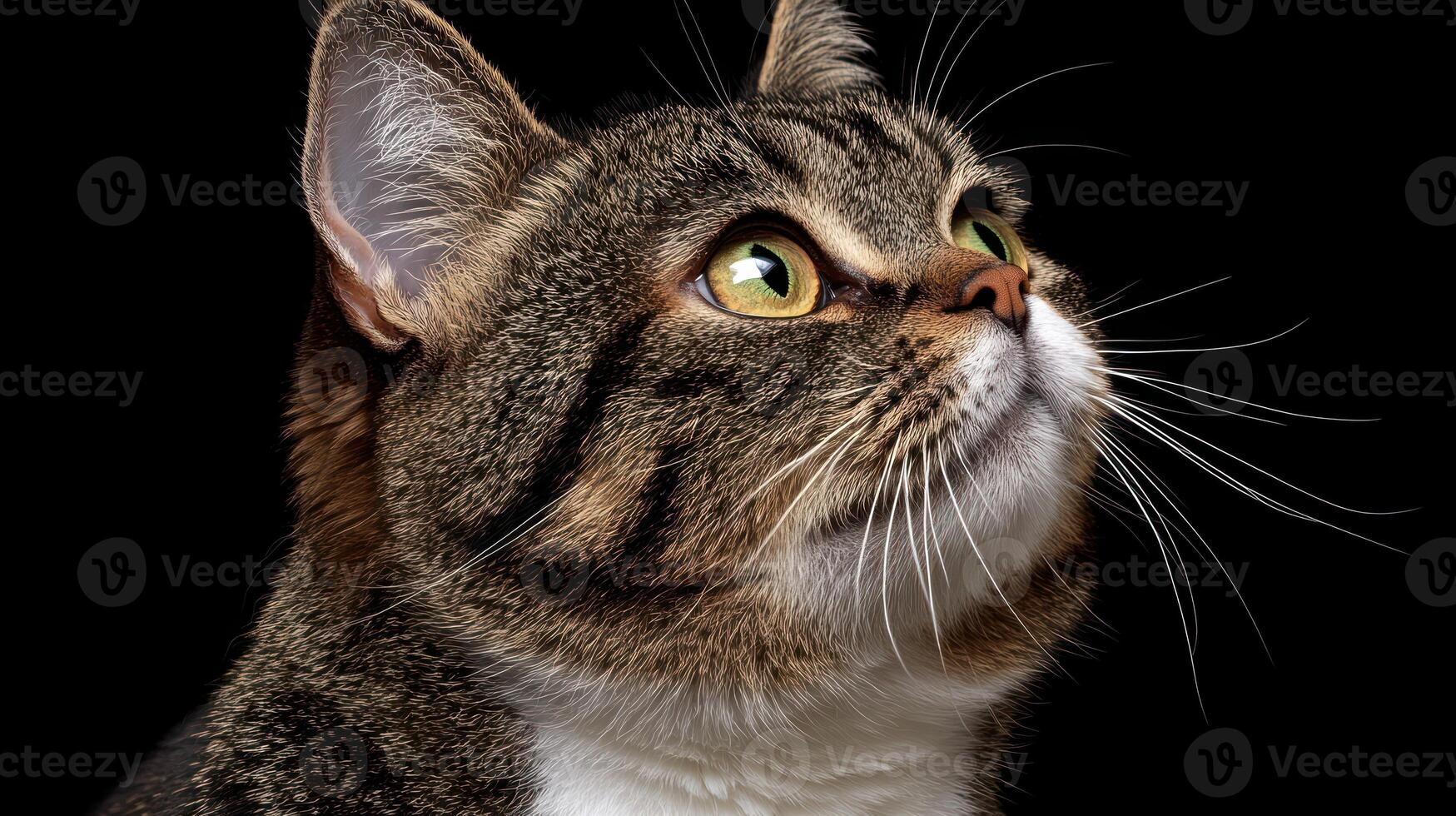 A tabby cat intently looks up, its bright green eyes sparkling in the dark photo