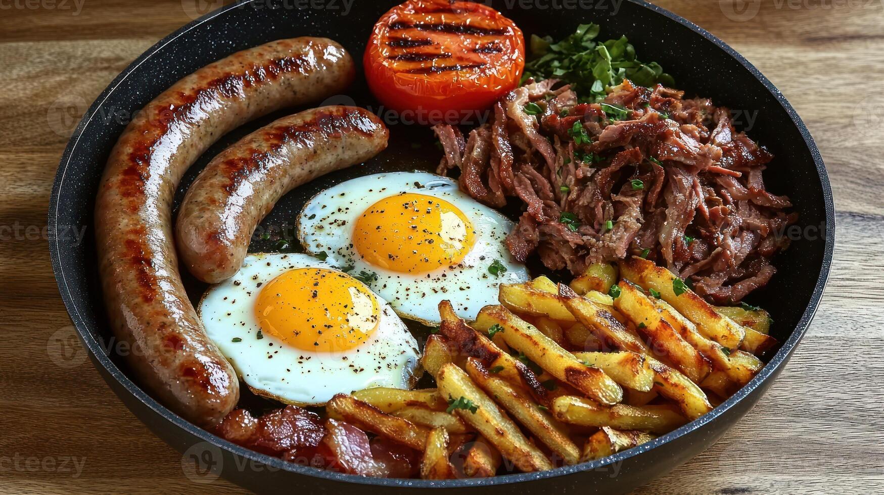 Enjoying a delicious breakfast with sausages, fried eggs, and crispy fries photo