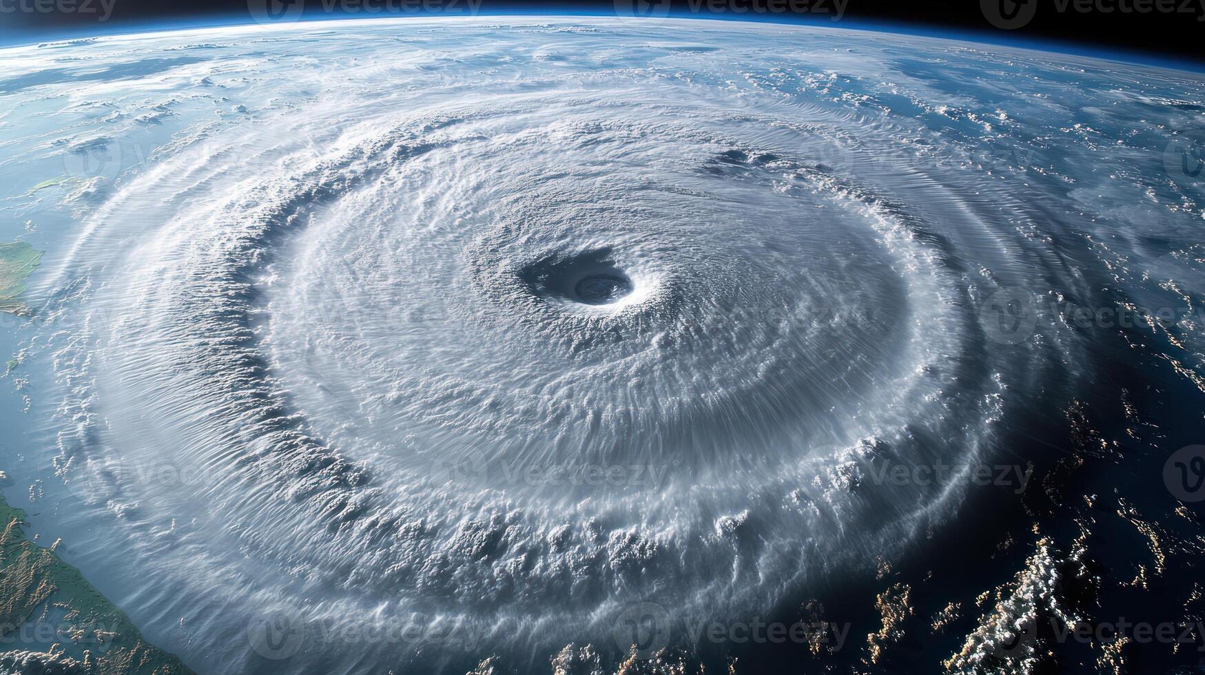 A powerful hurricane spins dramatically, showcasing swirling clouds and an eye photo