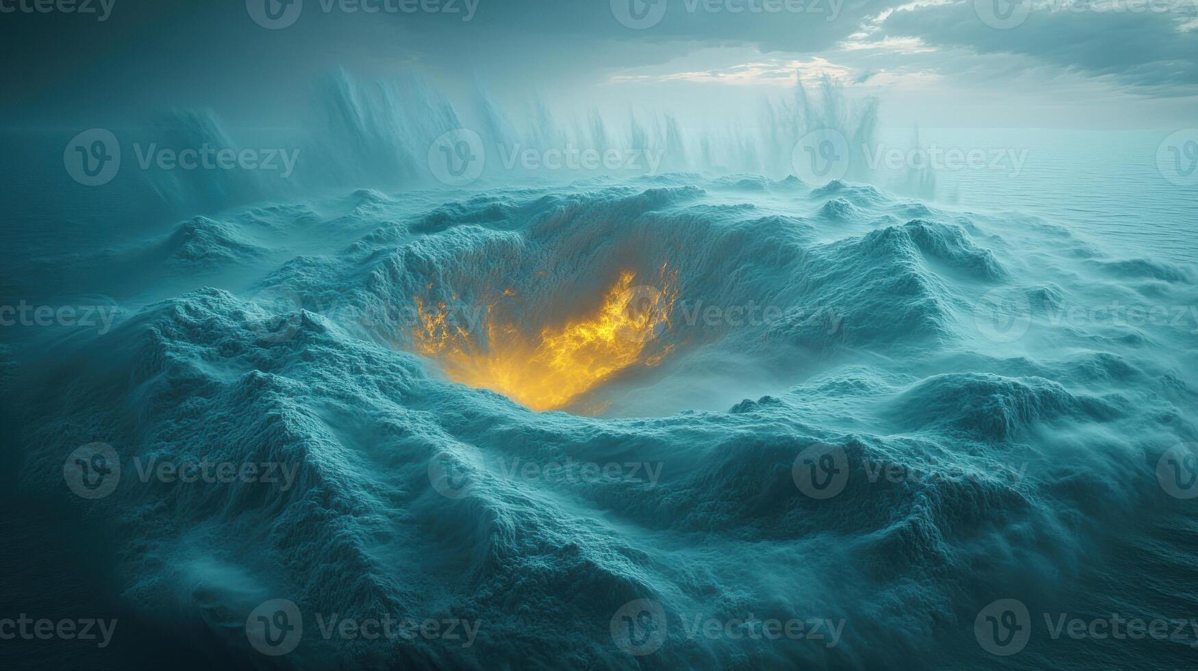 Golden flames erupt from the ocean, surrounded by tumultuous waves under a twilight sky photo