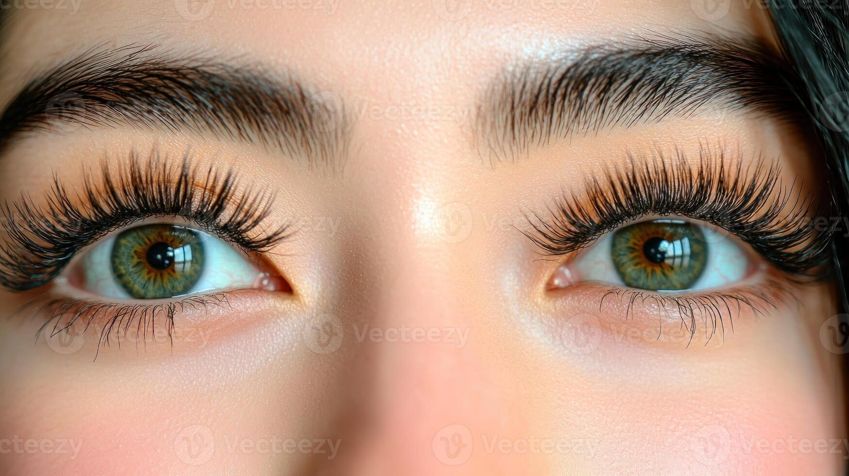 A mesmerizing view of striking green eyes adorned with long, lush eyelashes photo