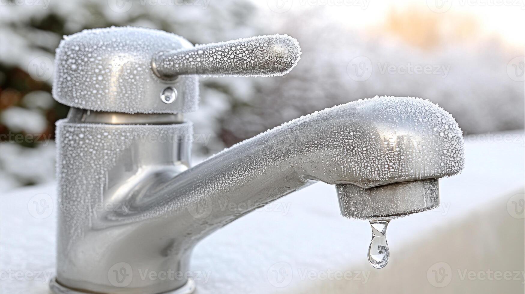A glistening faucet drips water in a winter landscape illuminated by dawn photo