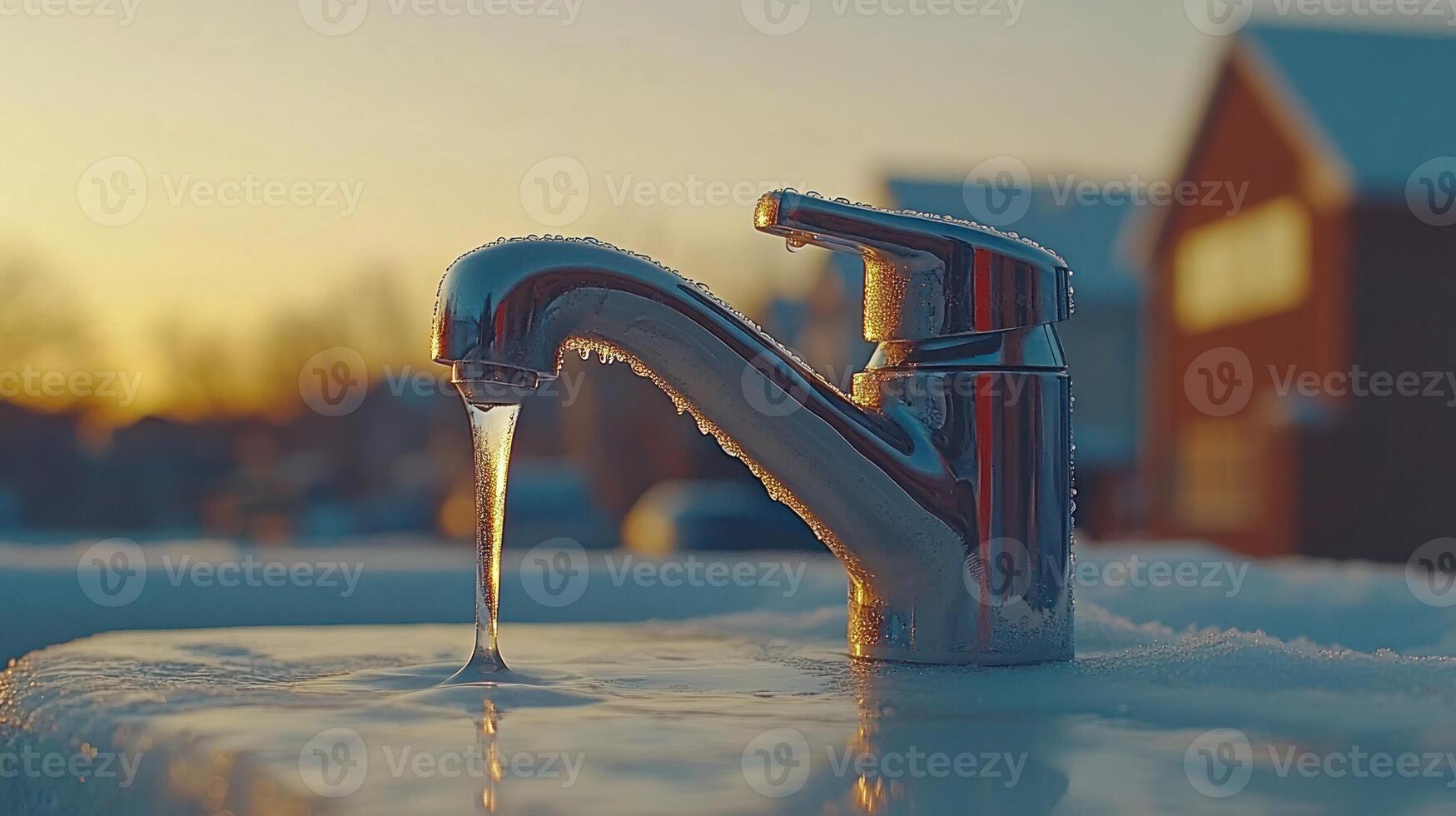 Water trickles from a frosty faucet as the sun sets, casting warm light over snow photo