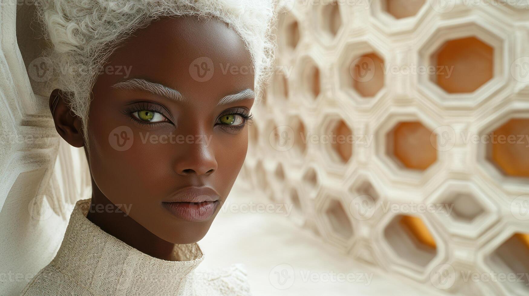 A captivating figure stands serene amid geometric shapes photo
